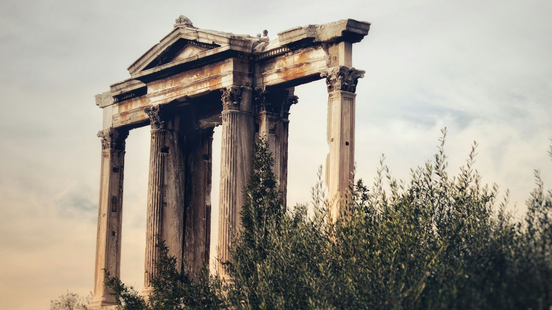 brown concrete pillar surrounded by green trees under white sky during daytime