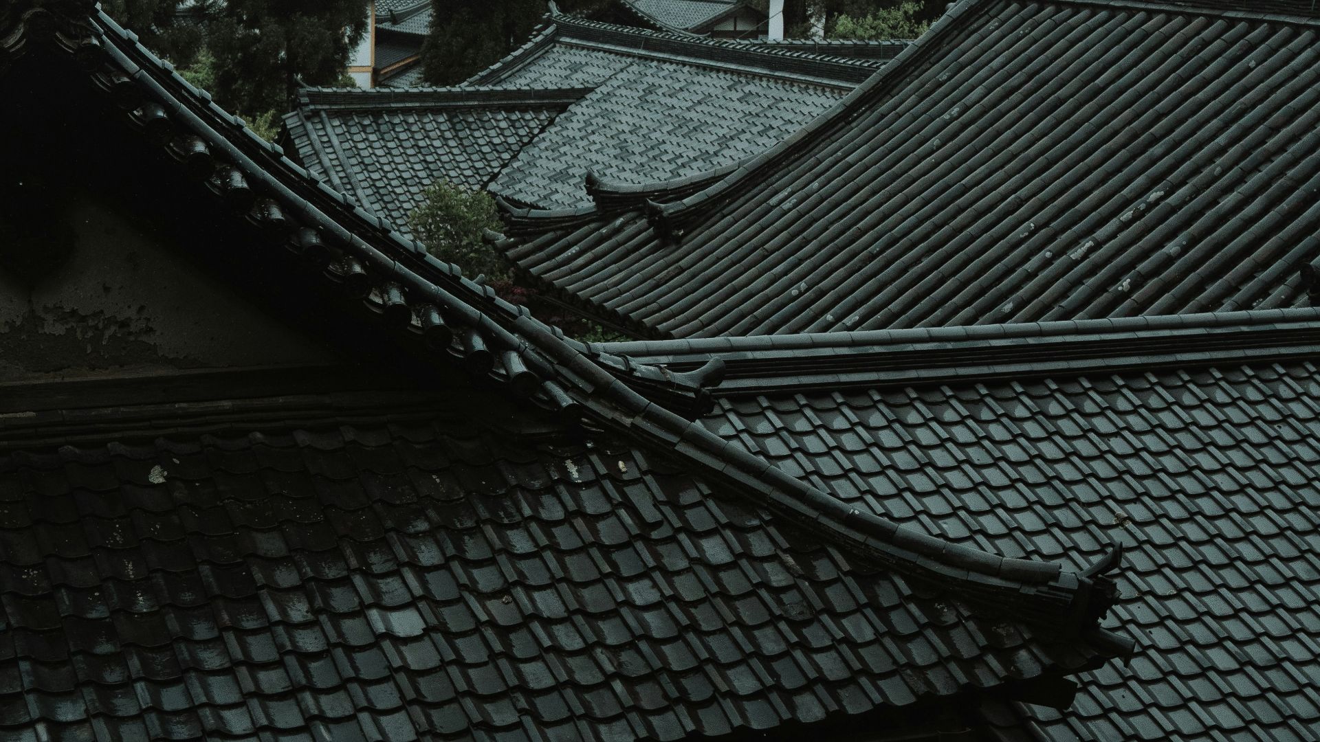 the roof of a building with trees in the background
