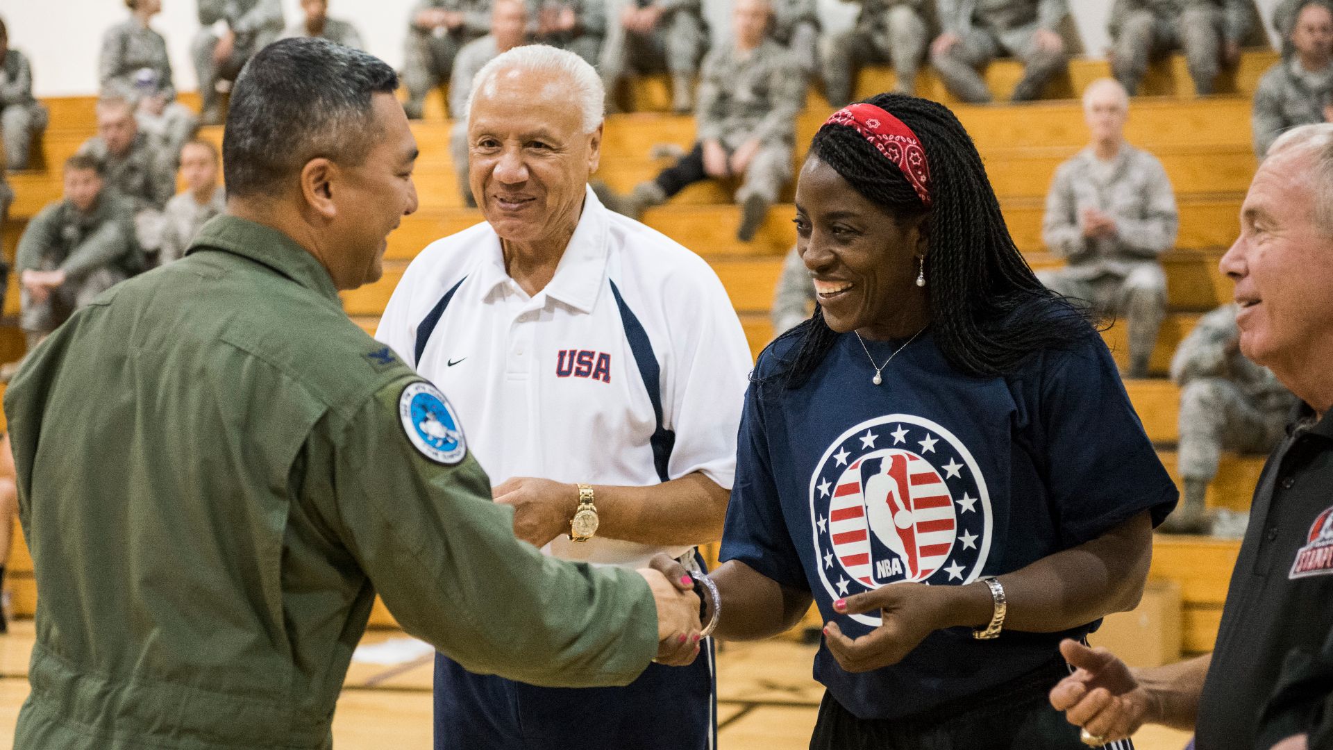 File:NBA Cares Hoops for Troops volunteers Lenny Wilkens and Ruthie Bolton at Mountain Home Air Force Base, Idaho, Oct. 4, 2013.JPG