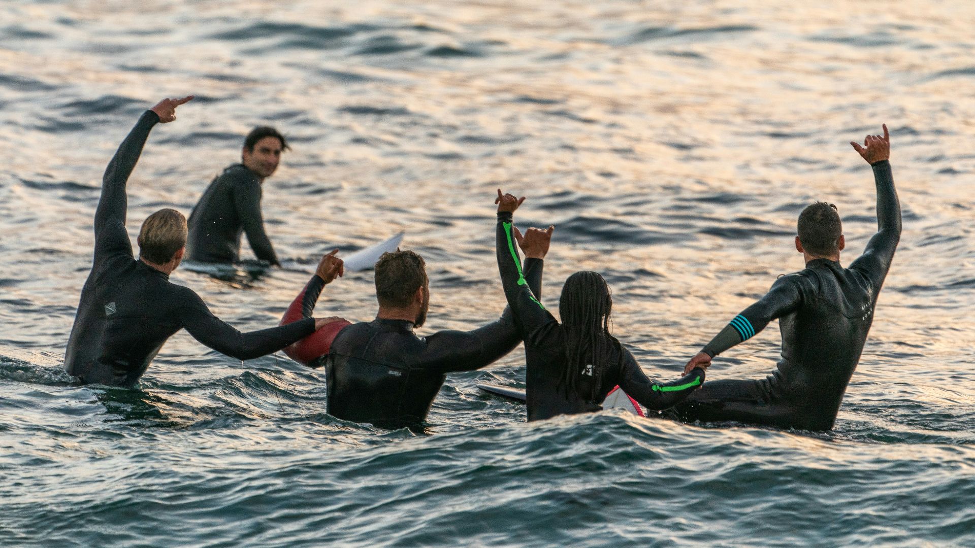 people wearing black wetsuits in body of water