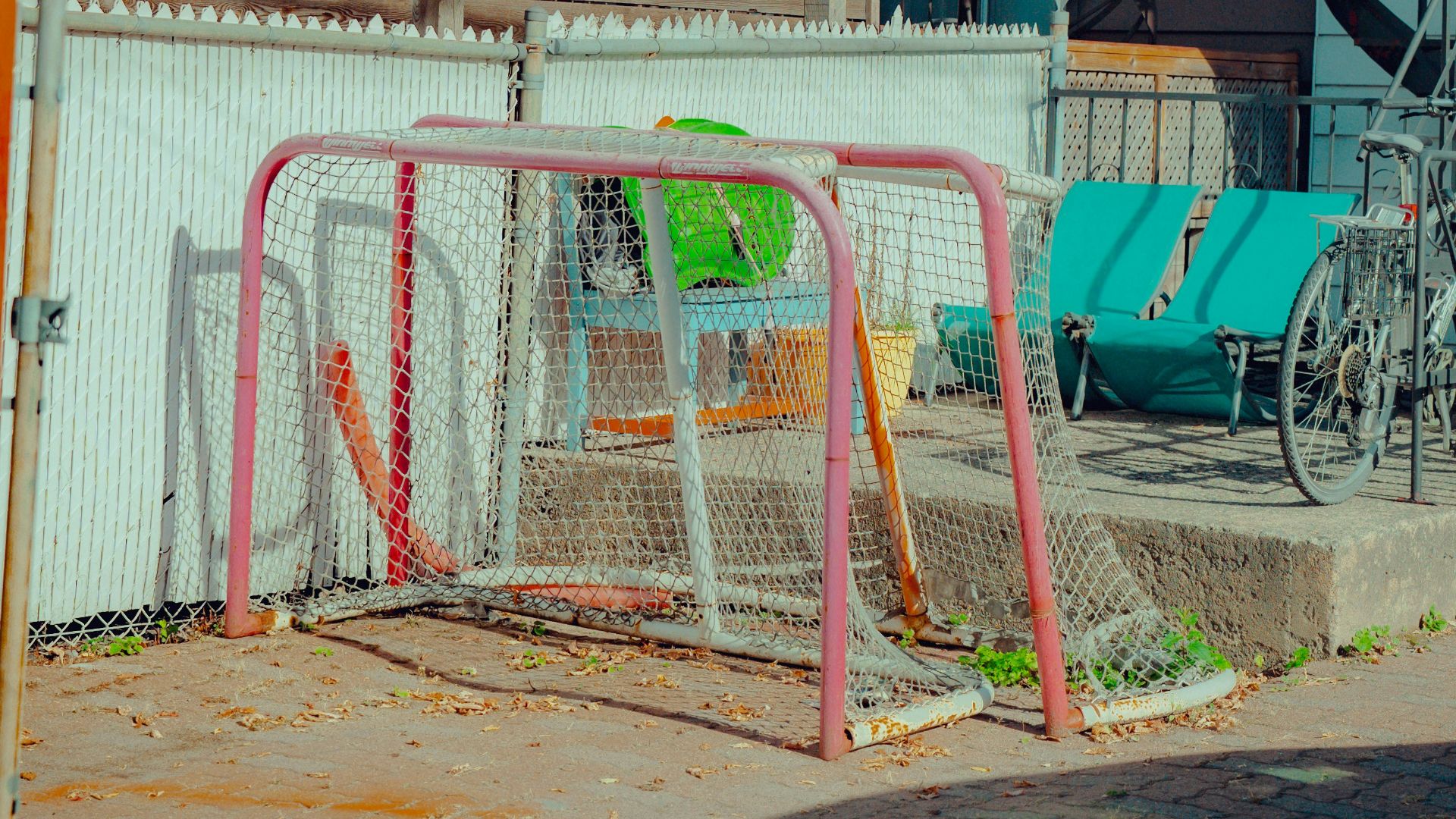 Backyard with hockey net and spiral staircase