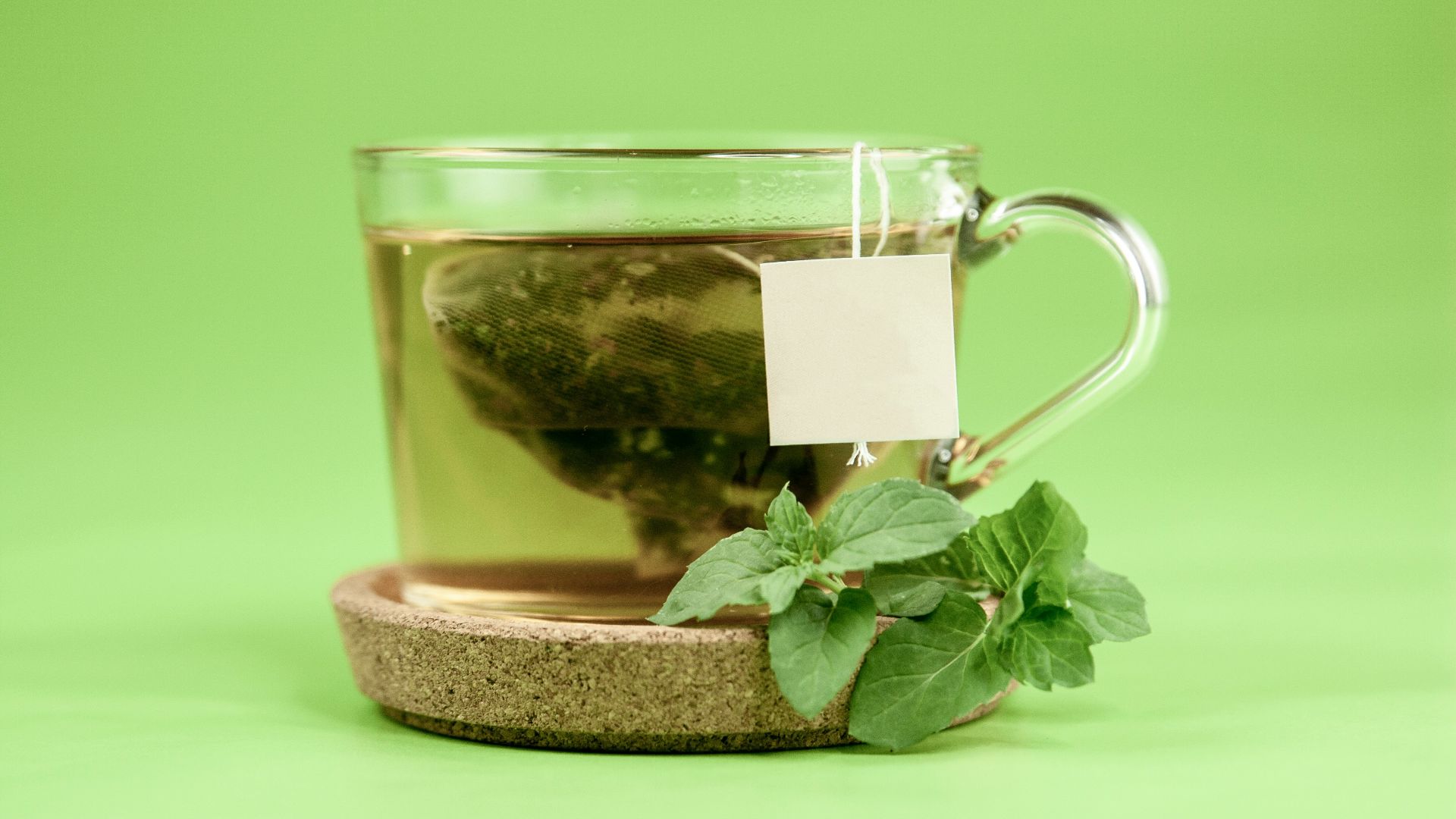 clear glass mug with green leaves
