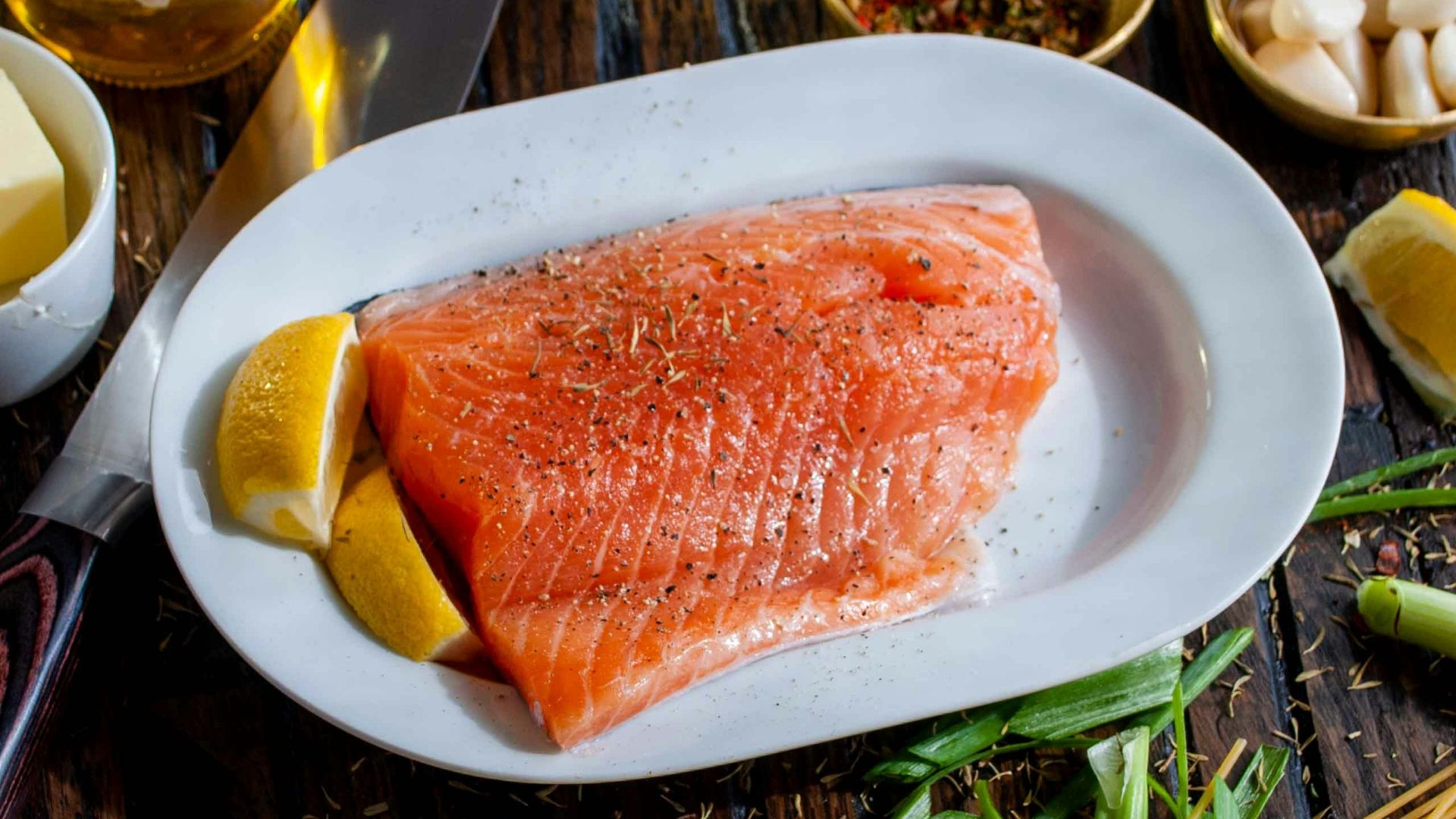 flat lay photography of raw salmon fish