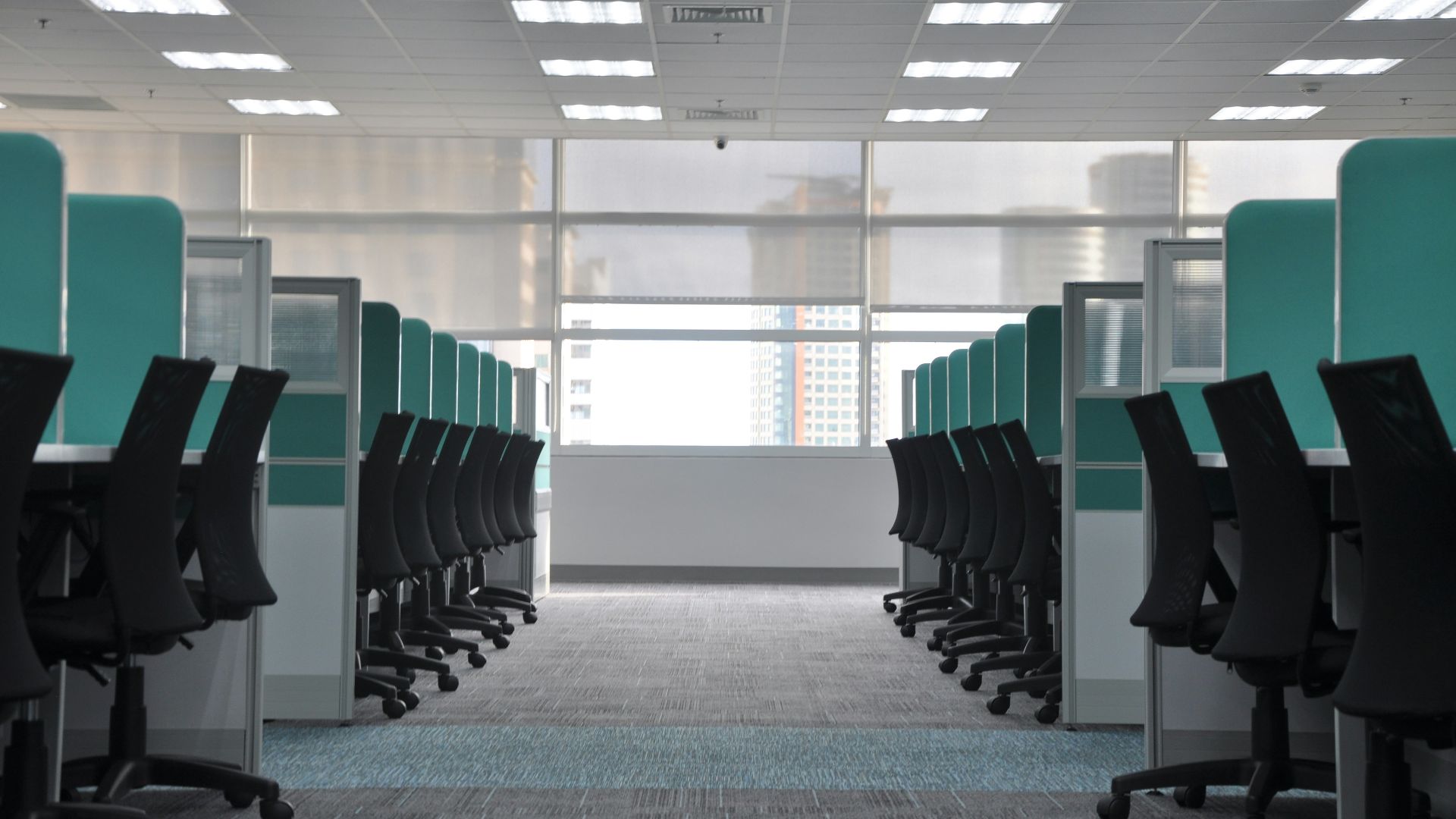 empty black rolling chairs at cubicles