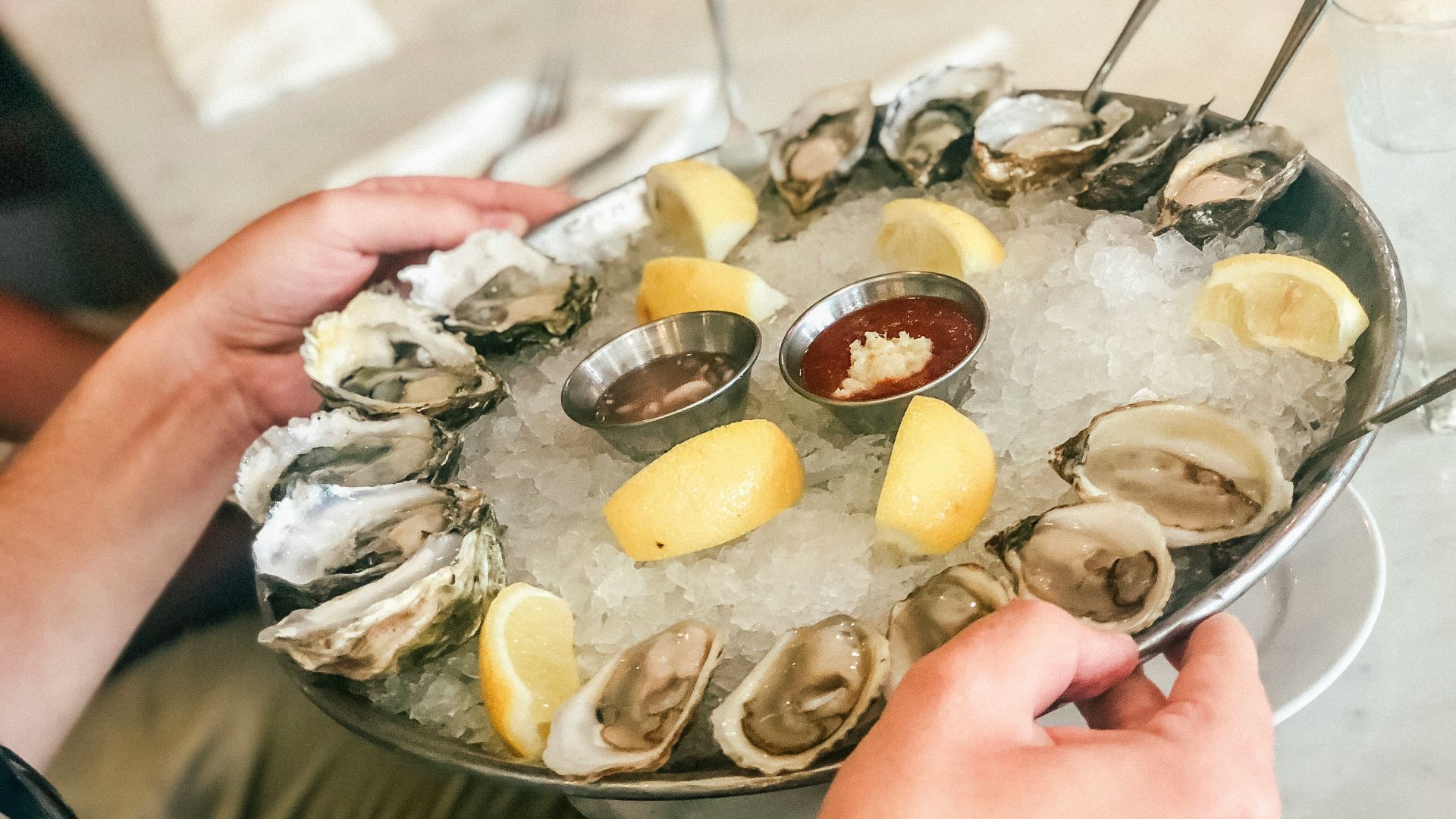 person holding plate with oysters