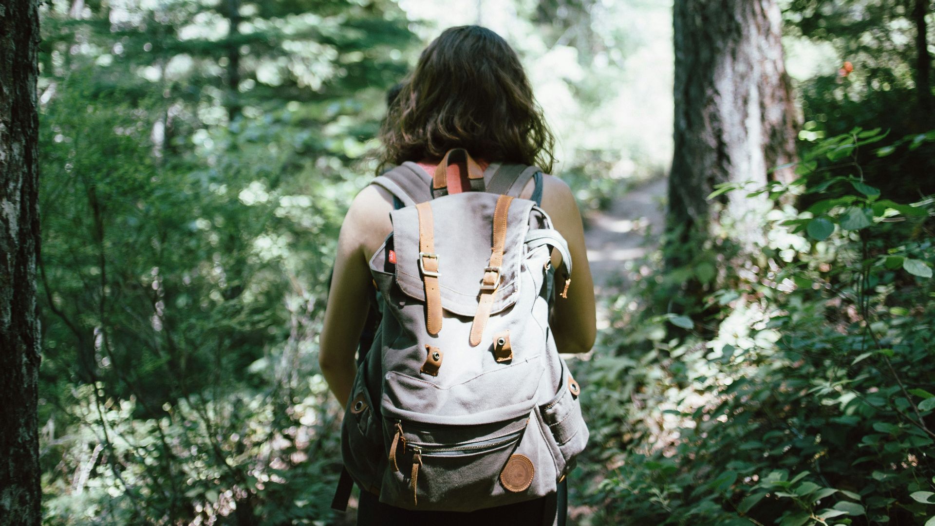 woman in sleeveless top and backpack surrounded by trees during daytime