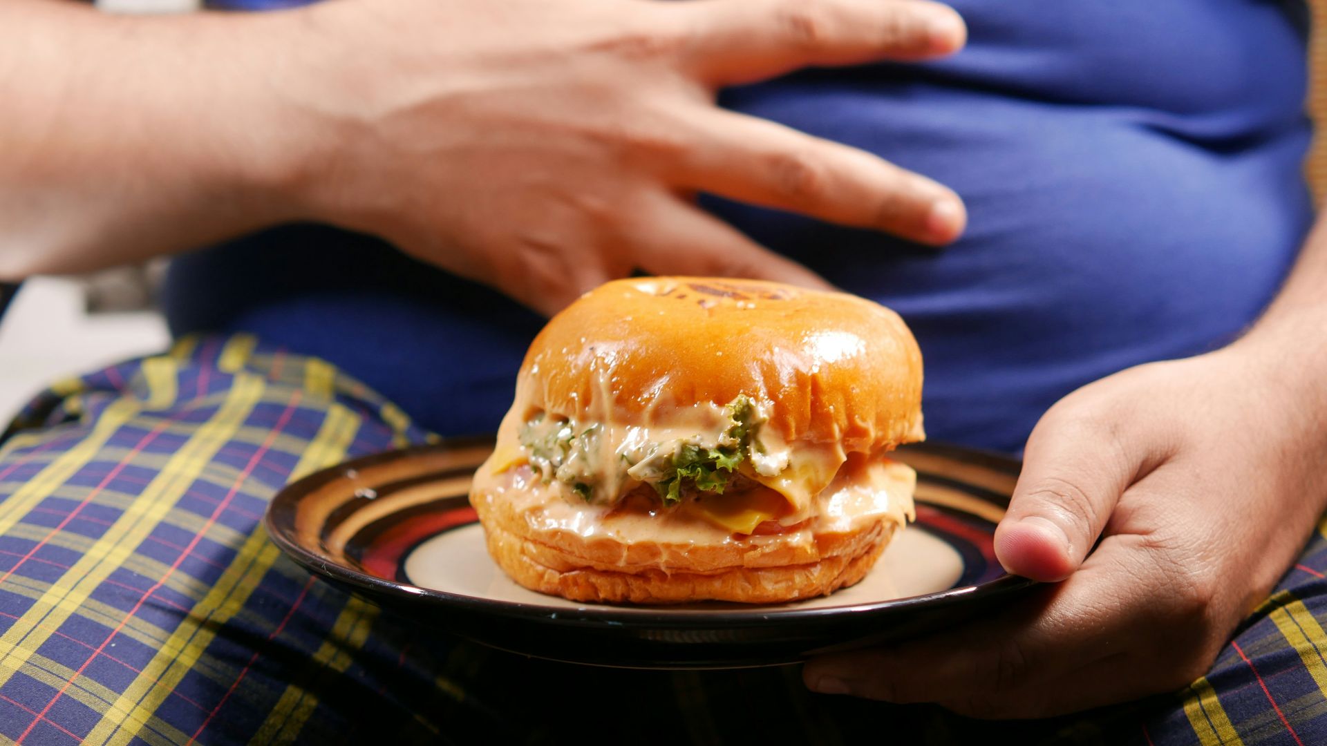 a person holding a plate with a sandwich on it