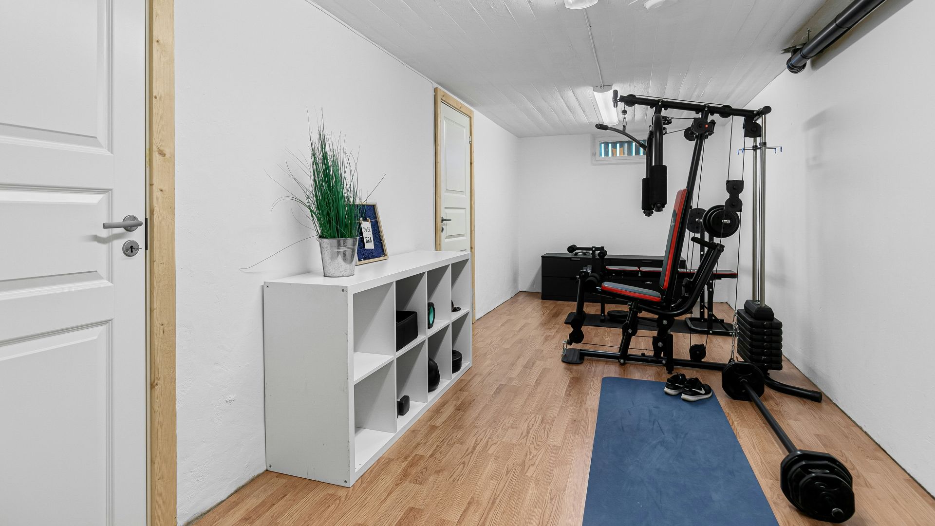 A home gym with a blue mat and exercise equipment