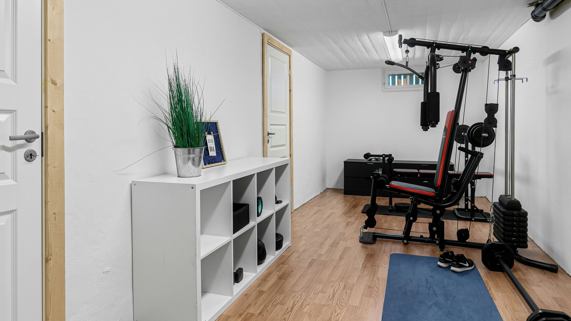 A home gym with a blue mat and exercise equipment