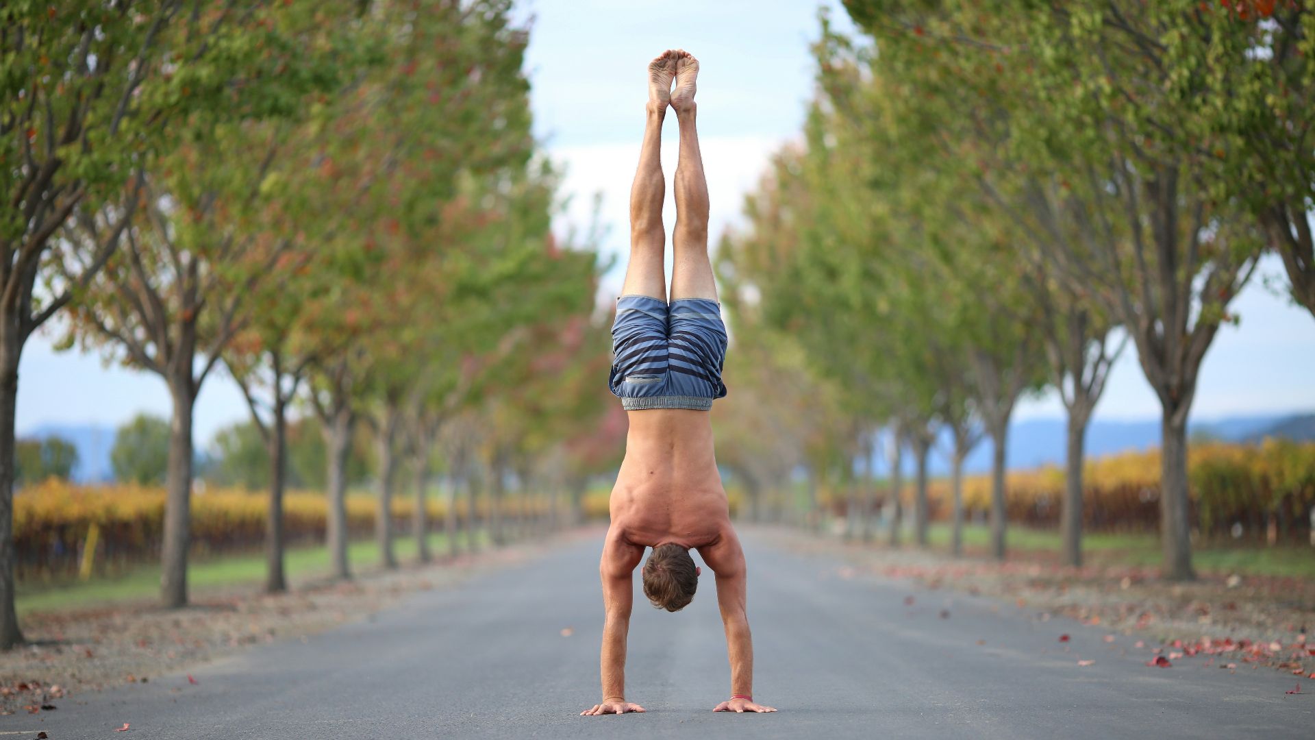 a person doing a handstand in the middle of a road