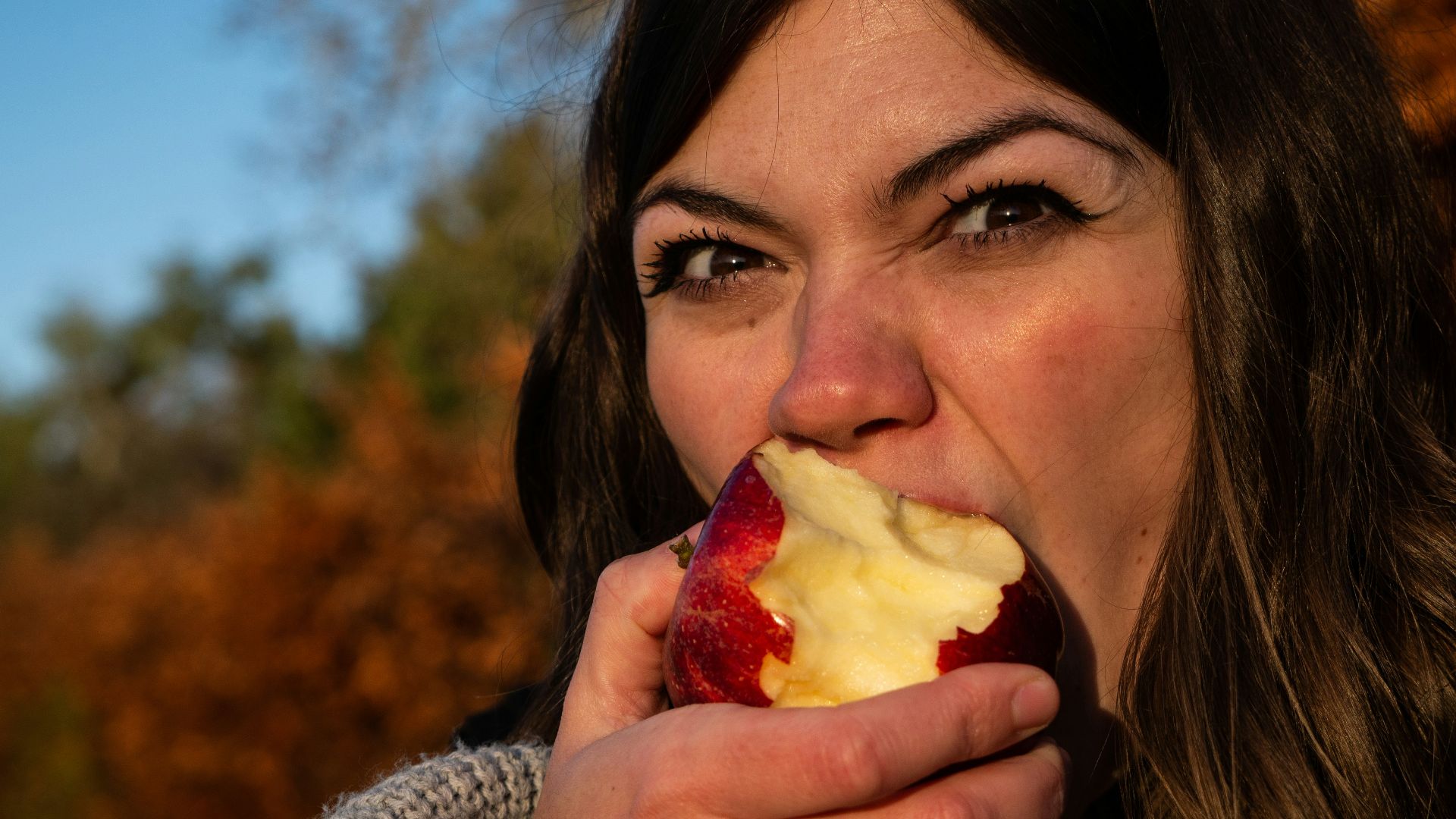 woman in gray sweater holding sliced of apple