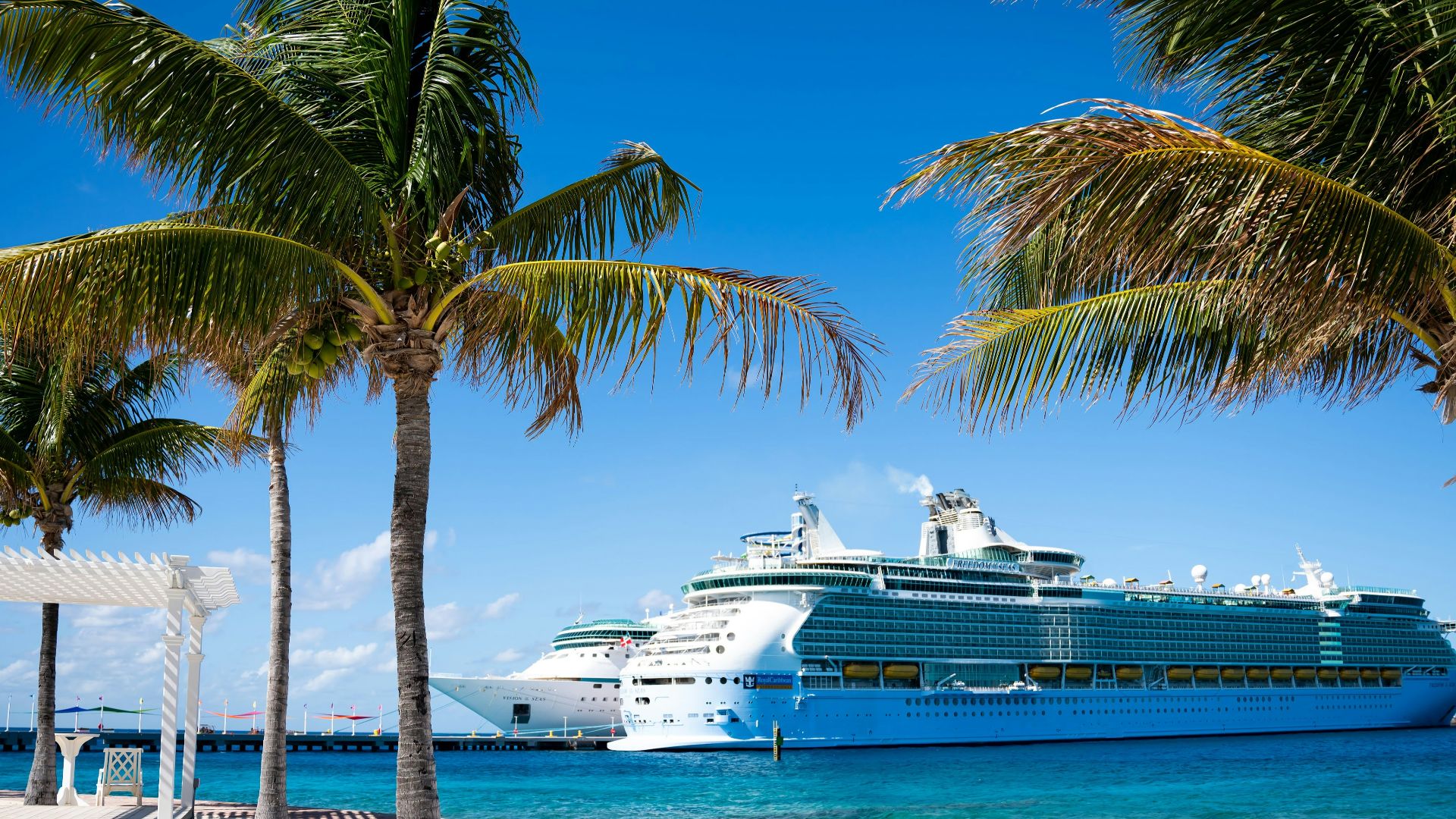 a cruise ship is docked at a tropical beach