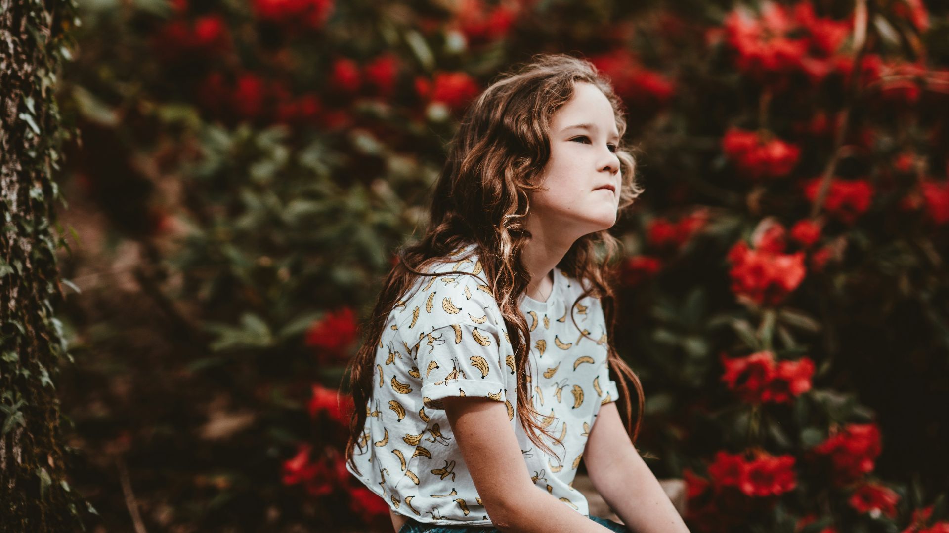 girl sitting on bench beside the red flowers