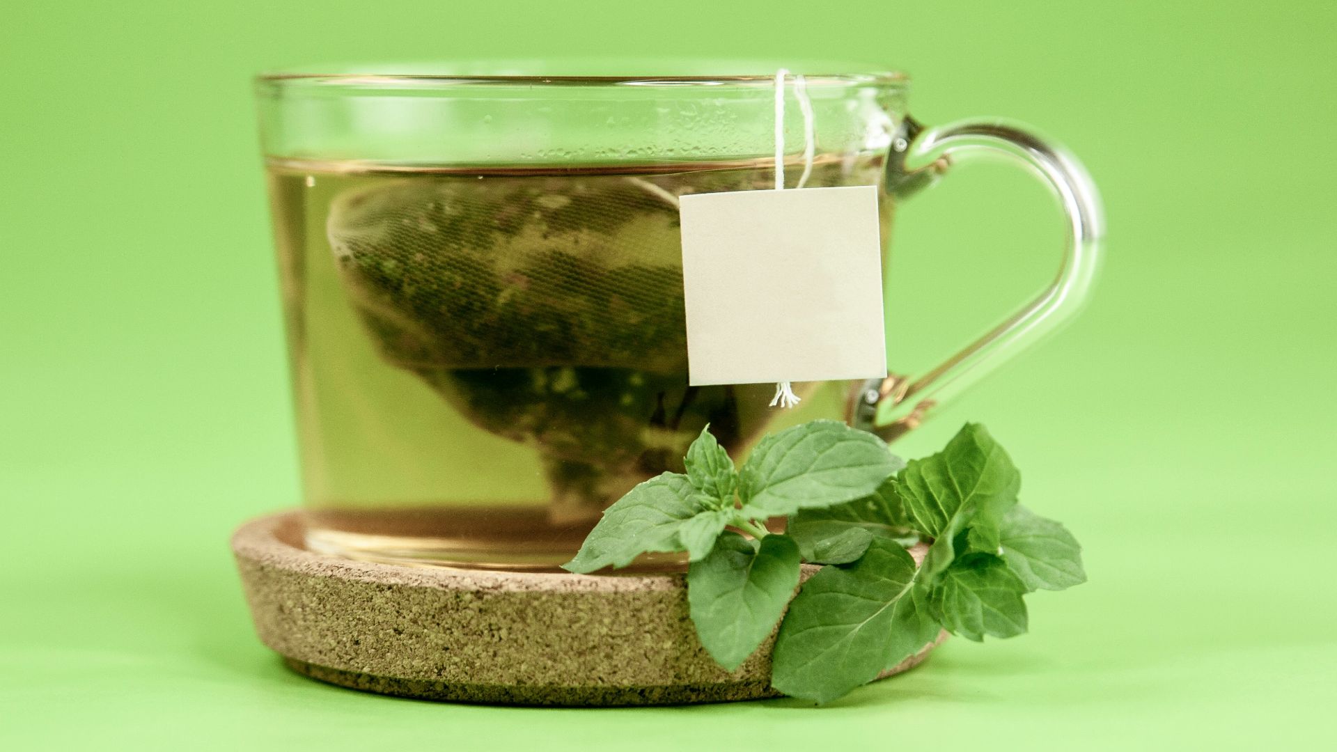 clear glass mug with green leaves