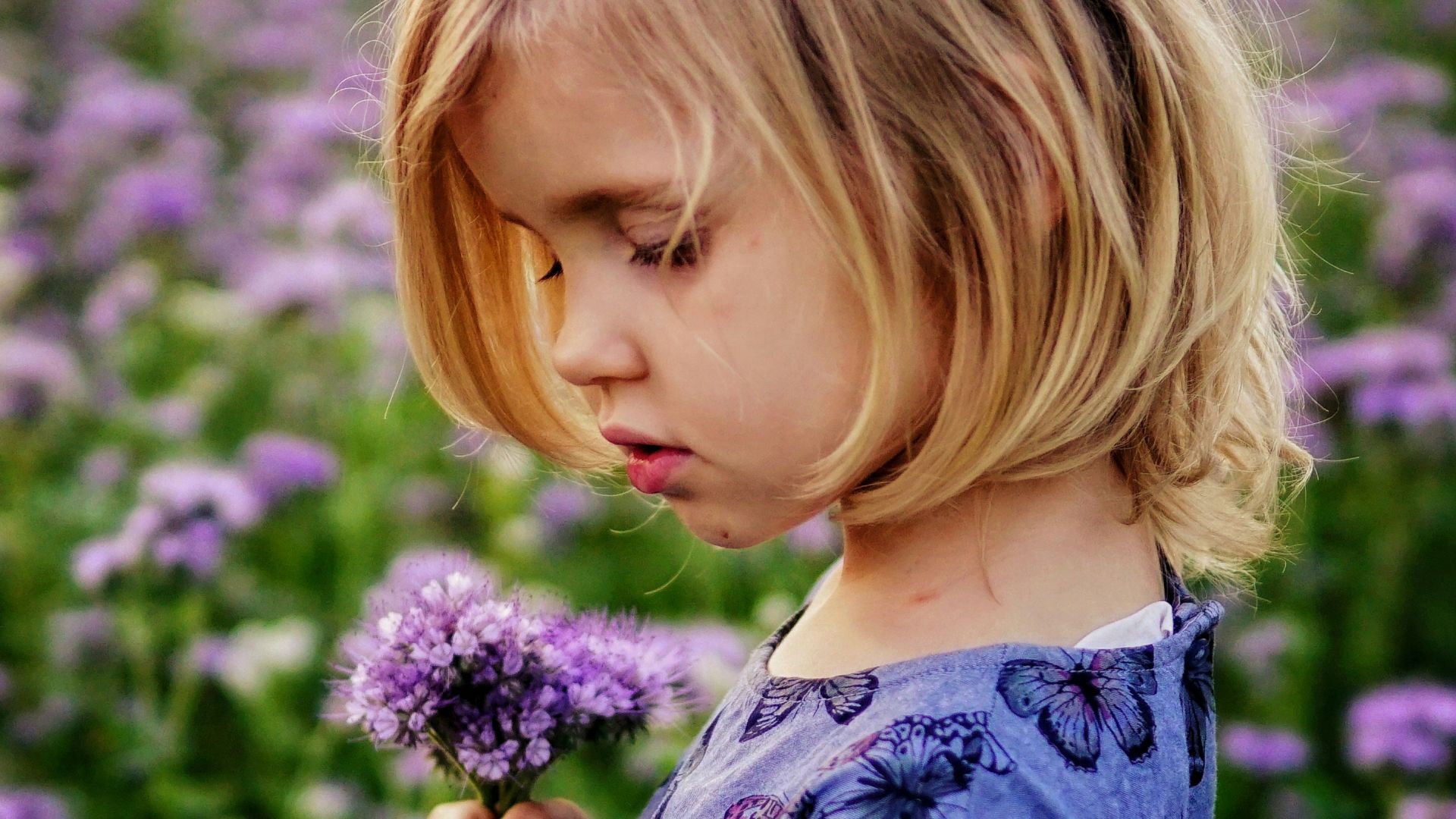 girl holding purple flowers