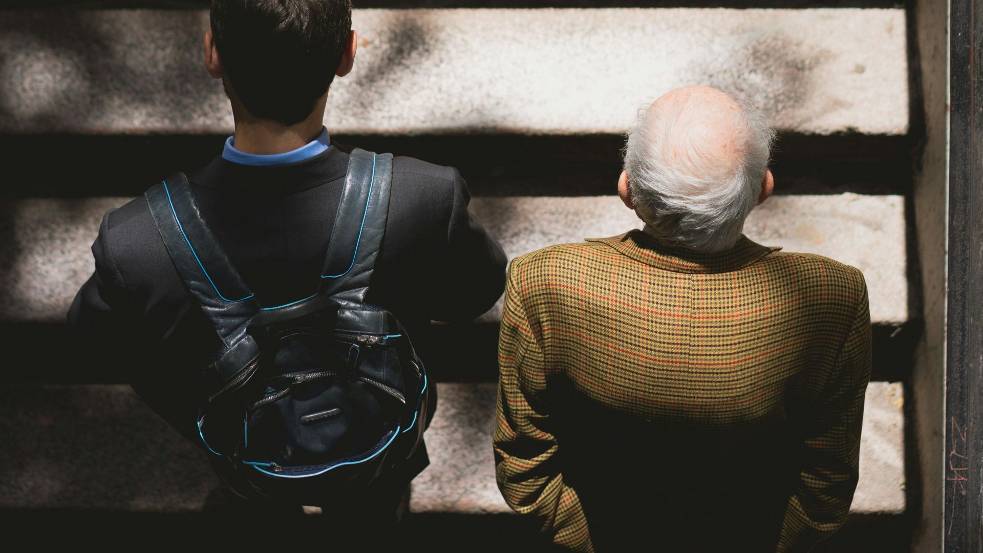 men walking on stairs