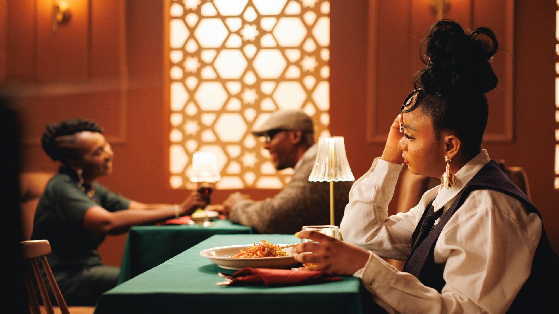 People enjoying a meal at a restaurant.