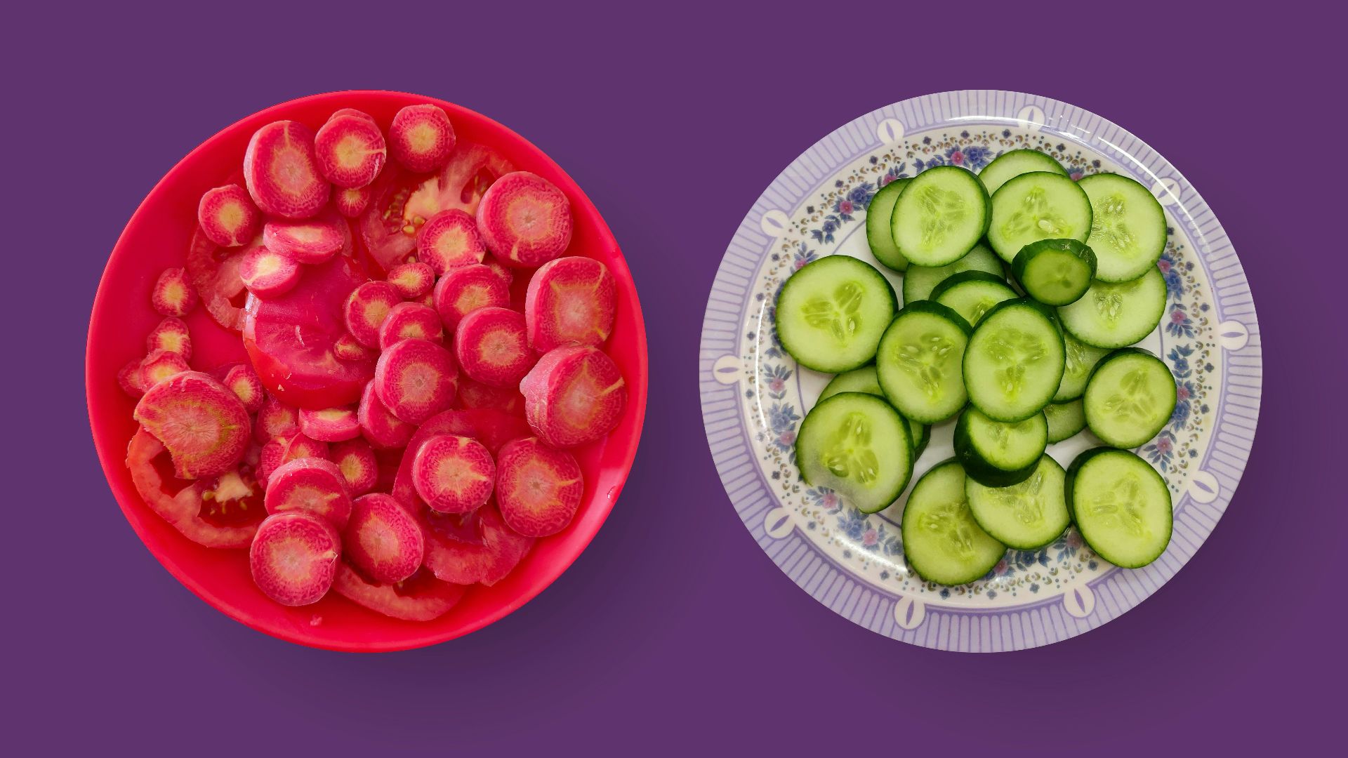 sliced cucumber and tomato on red round ceramic plate