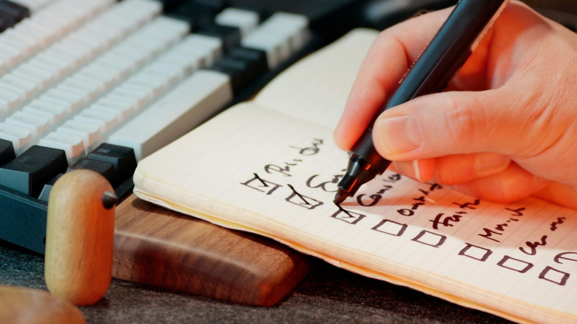 Someone is writing in a notebook with checkboxes.