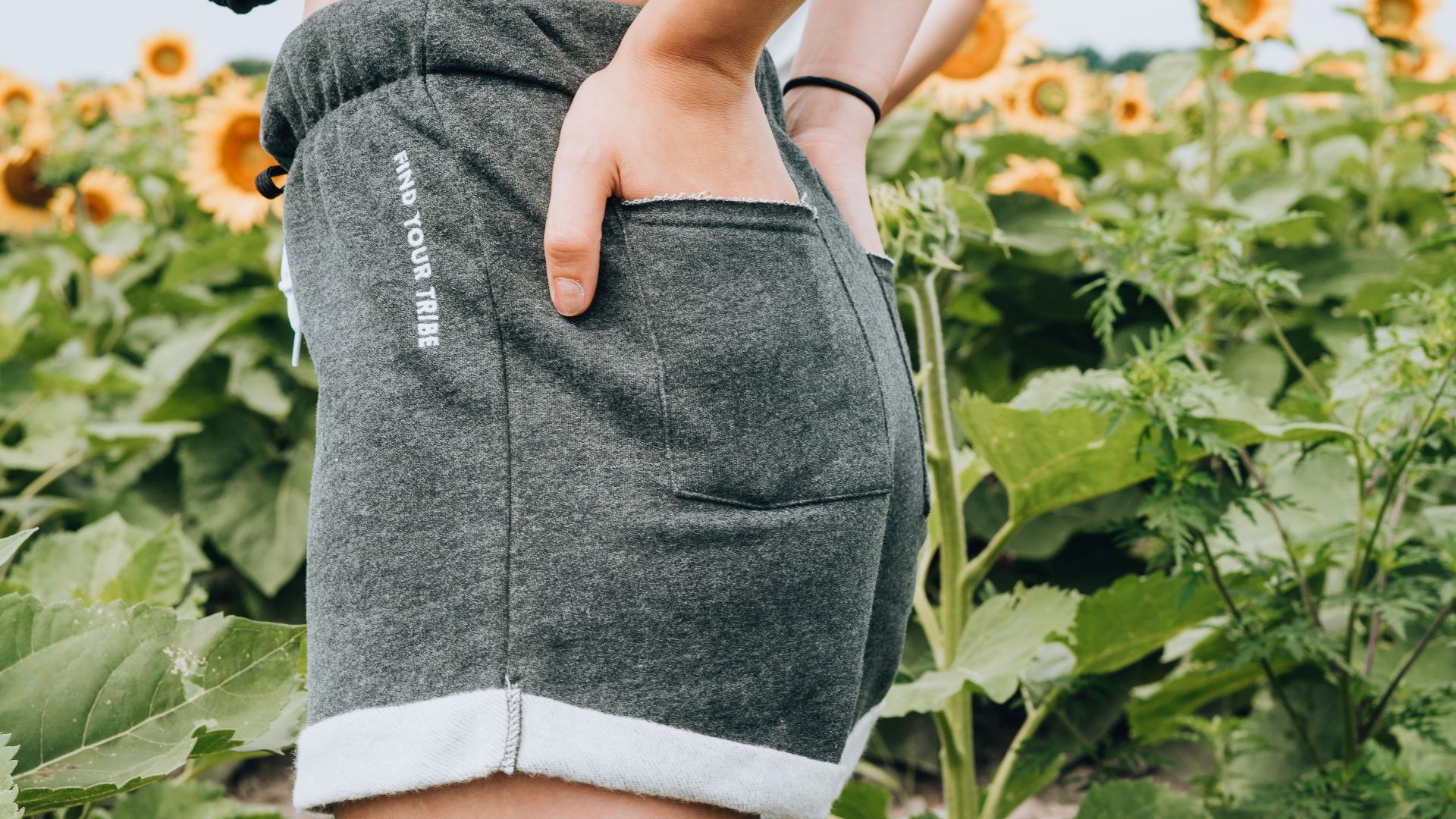 woman standing on sunflower meadow holding pocket