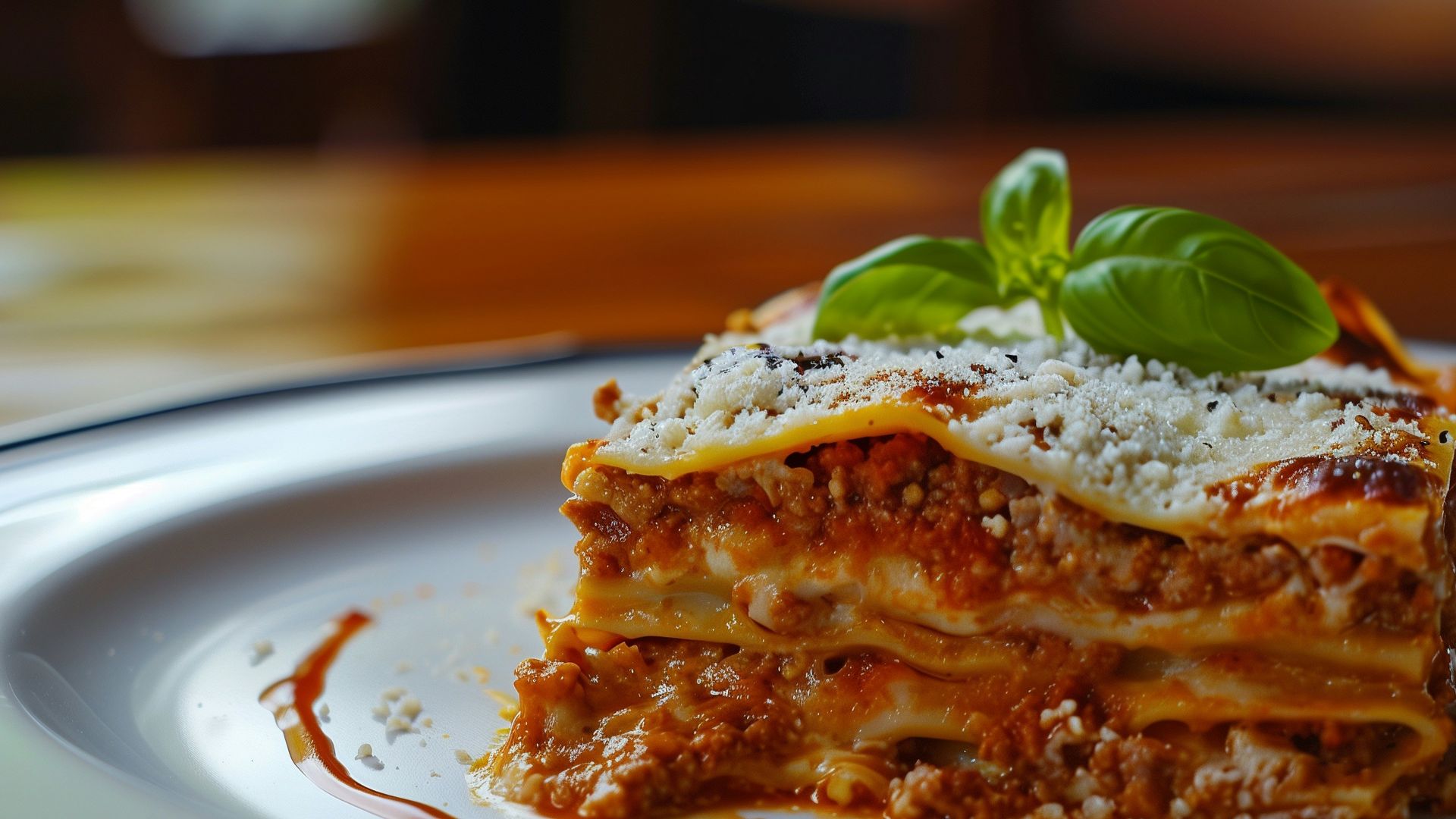 a white plate topped with lasagna covered in sauce