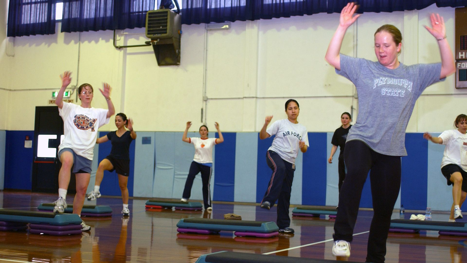 File:US Air Force (USAF) Captain (CPT) Cheryl Morgan (foreground), 31st Fighter Wing (FW) Protocol, leads a step-aerobics class held to recognize Women's History Month, at Aviano Air Bas - DPLA - 0b79bb7151fc461817f62efb71883c87.jpeg