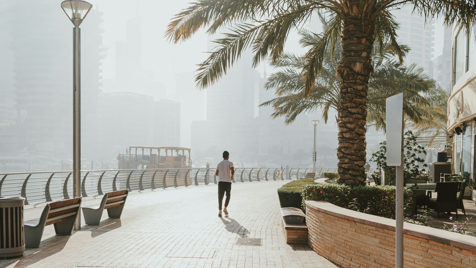 A man walking down a sidewalk next to palm trees