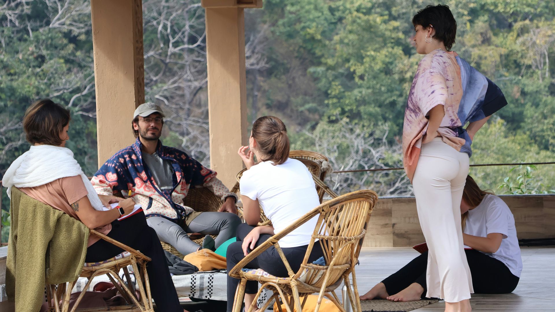 Group of people relaxing on a porch