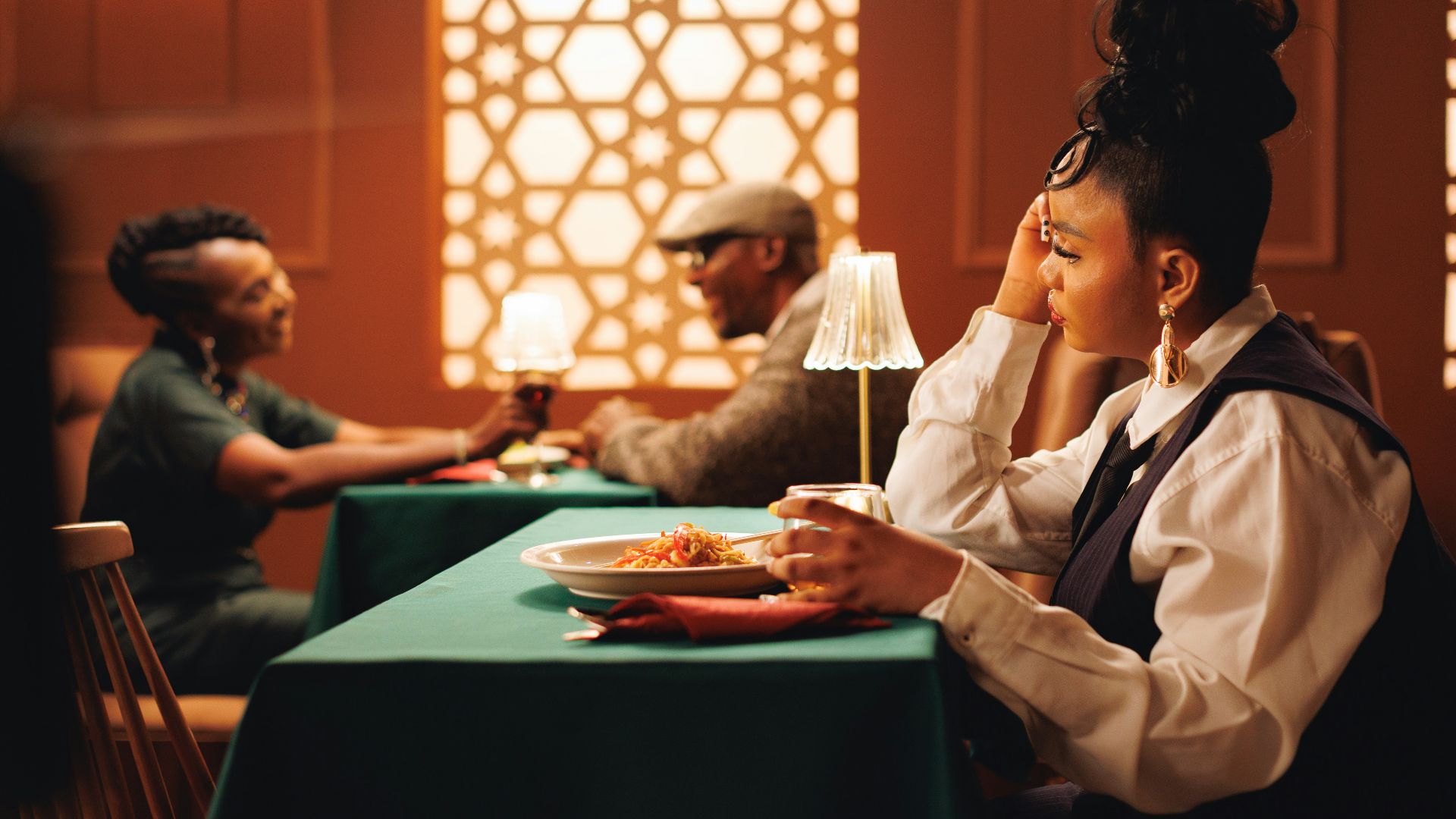 People enjoying a meal at a restaurant.