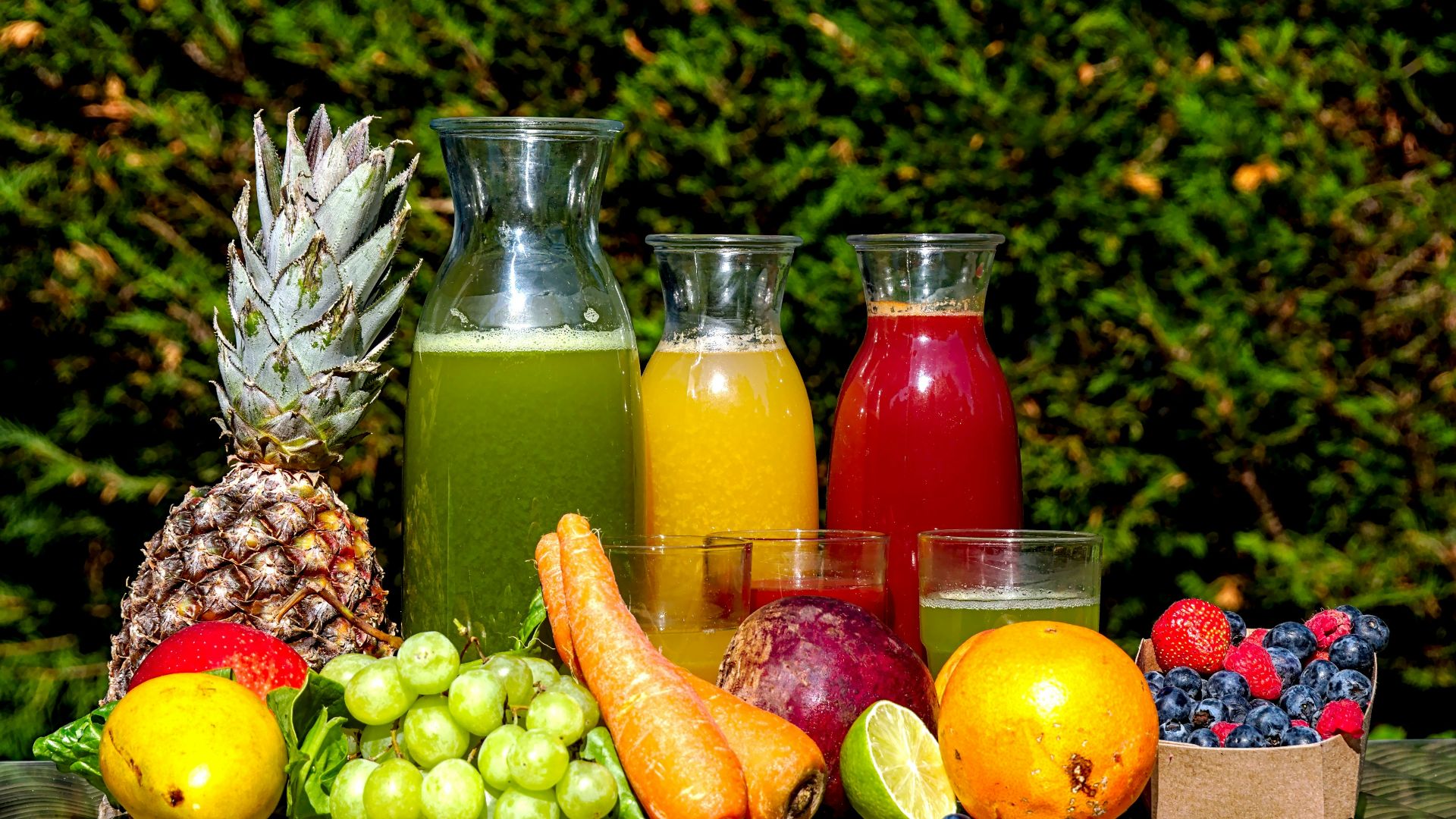 fruits and vegetable in clear glass jar