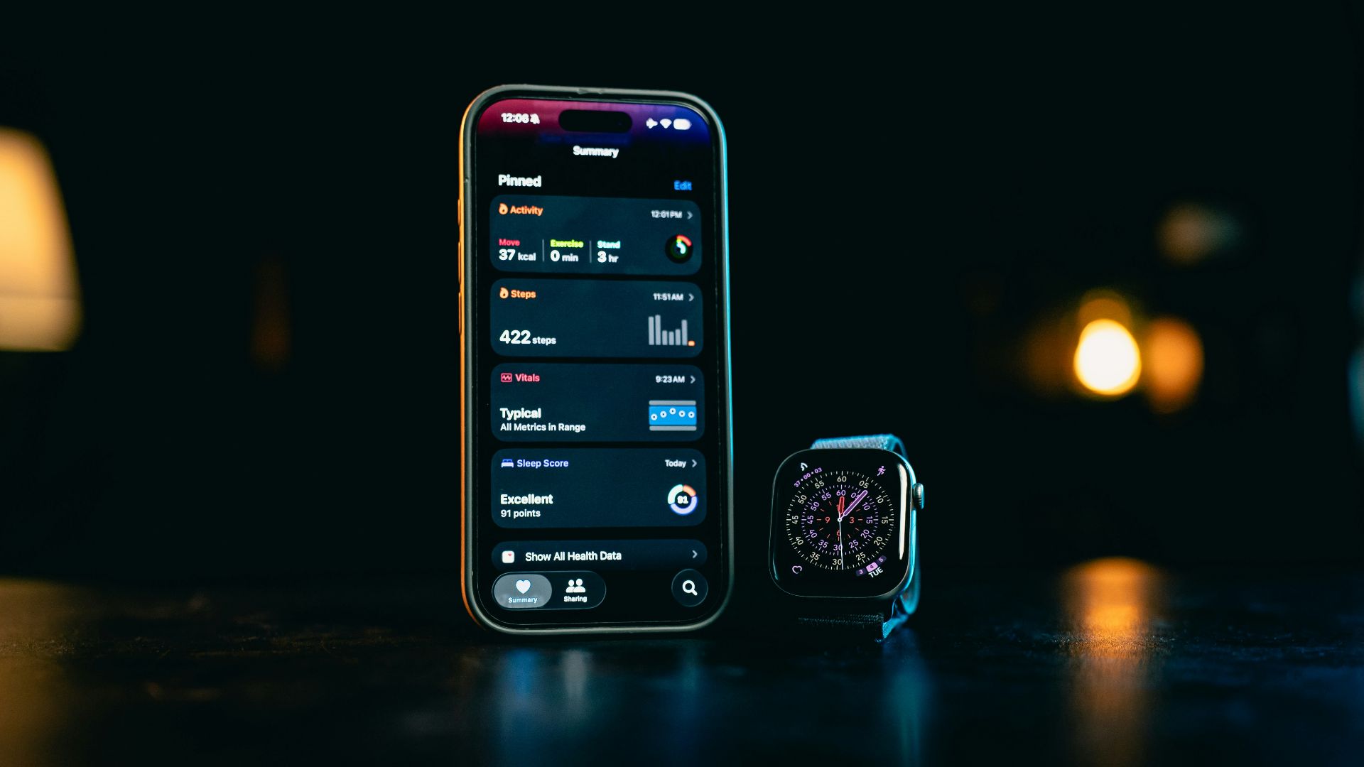 Smartphone and smartwatch displaying apps on-screen data
