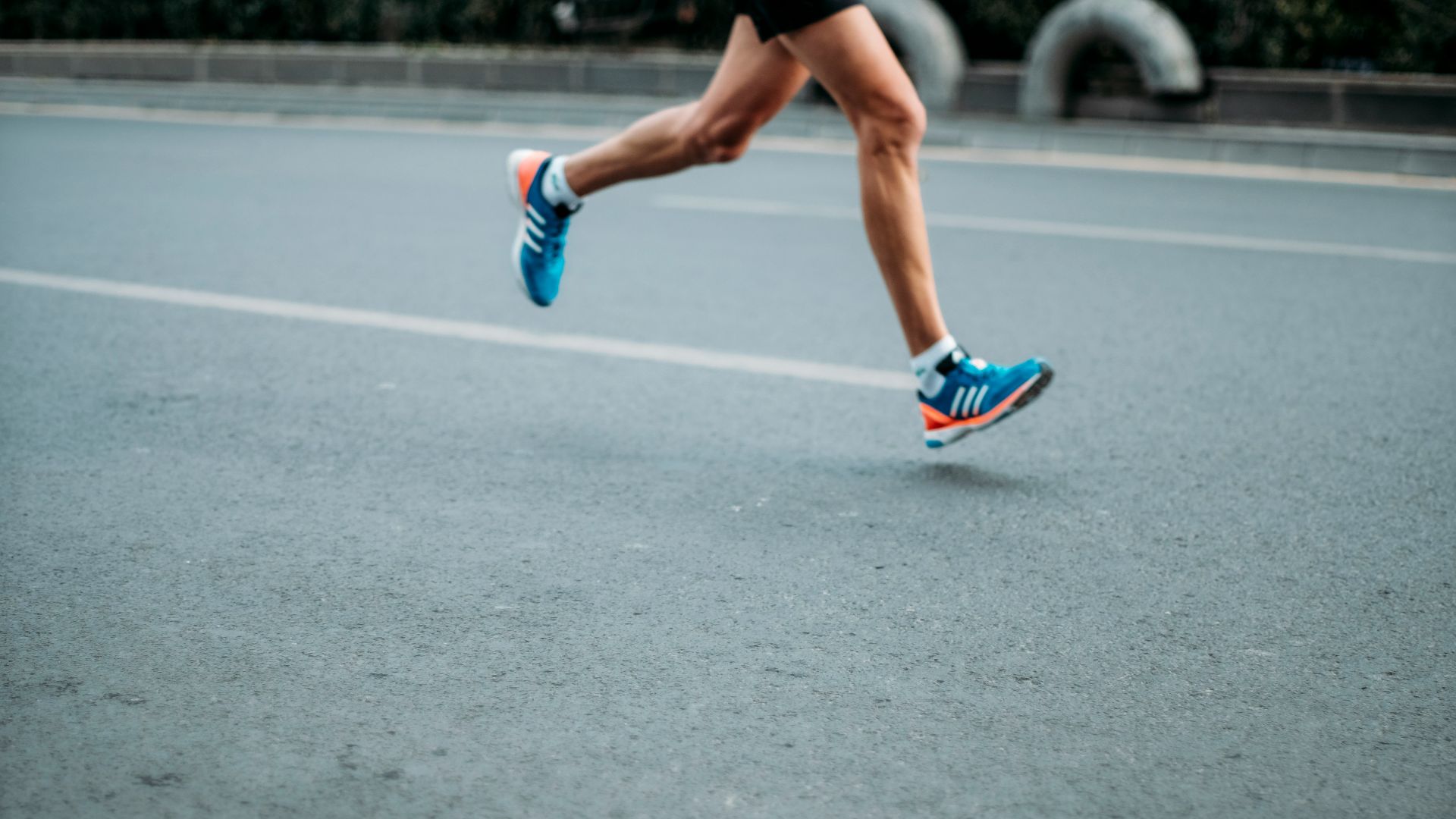 pair of blue-and-white Adidas running shoes