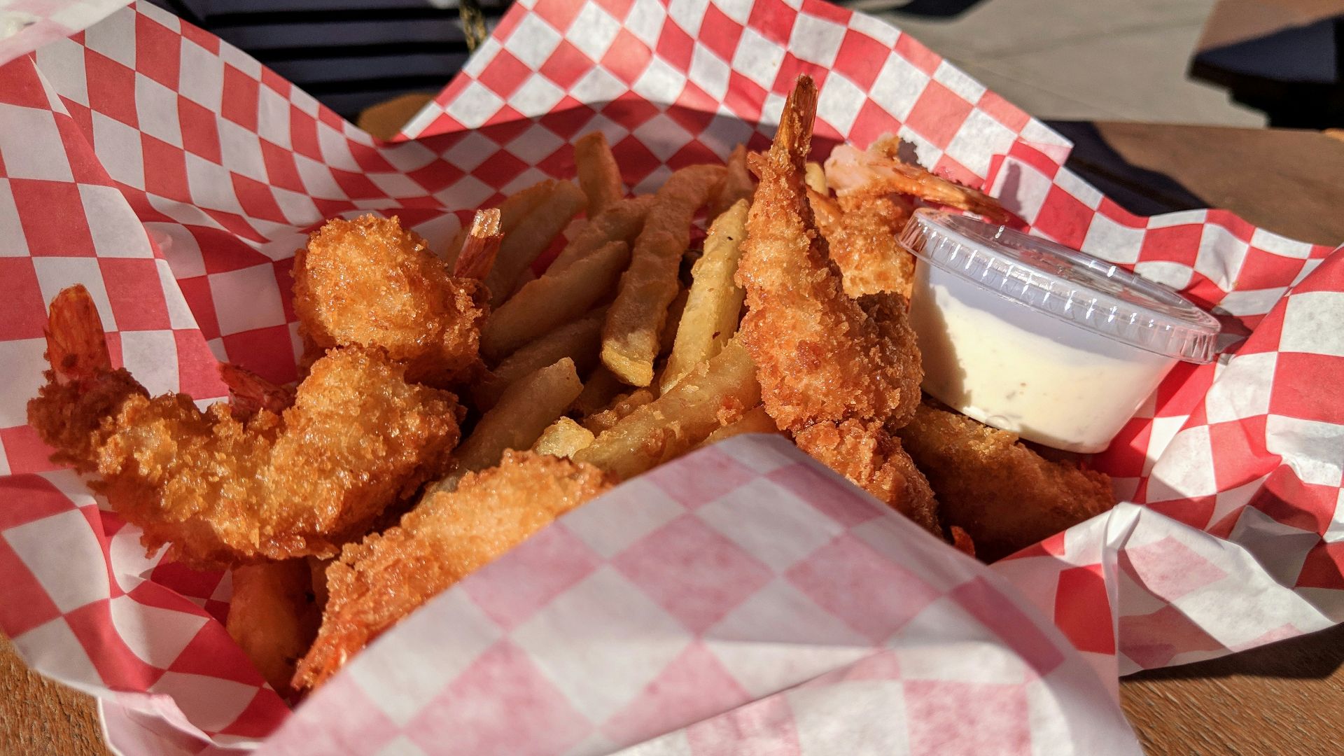 fried shrimp on white and red tray