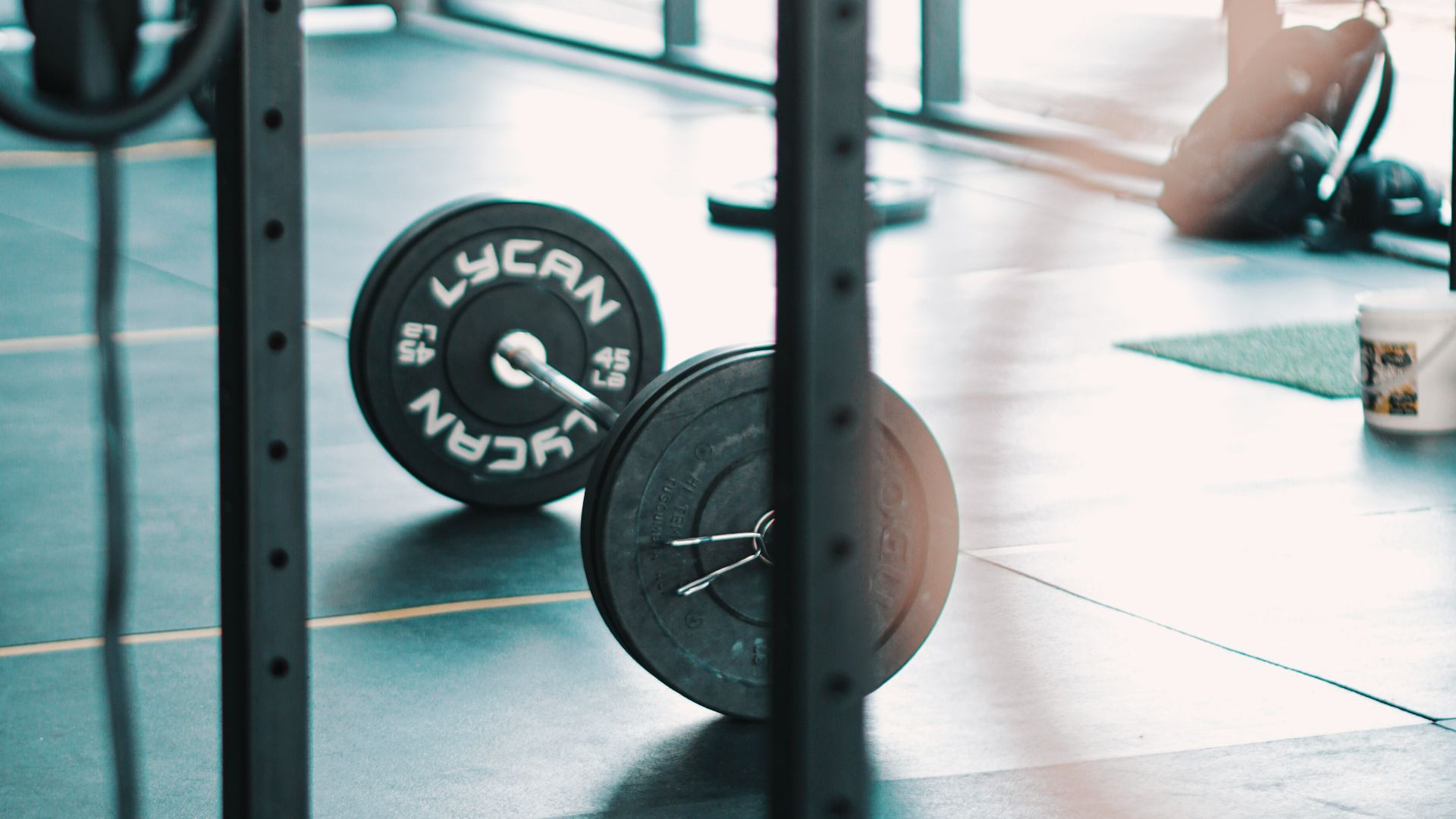 a gym with a barbell and weight plates