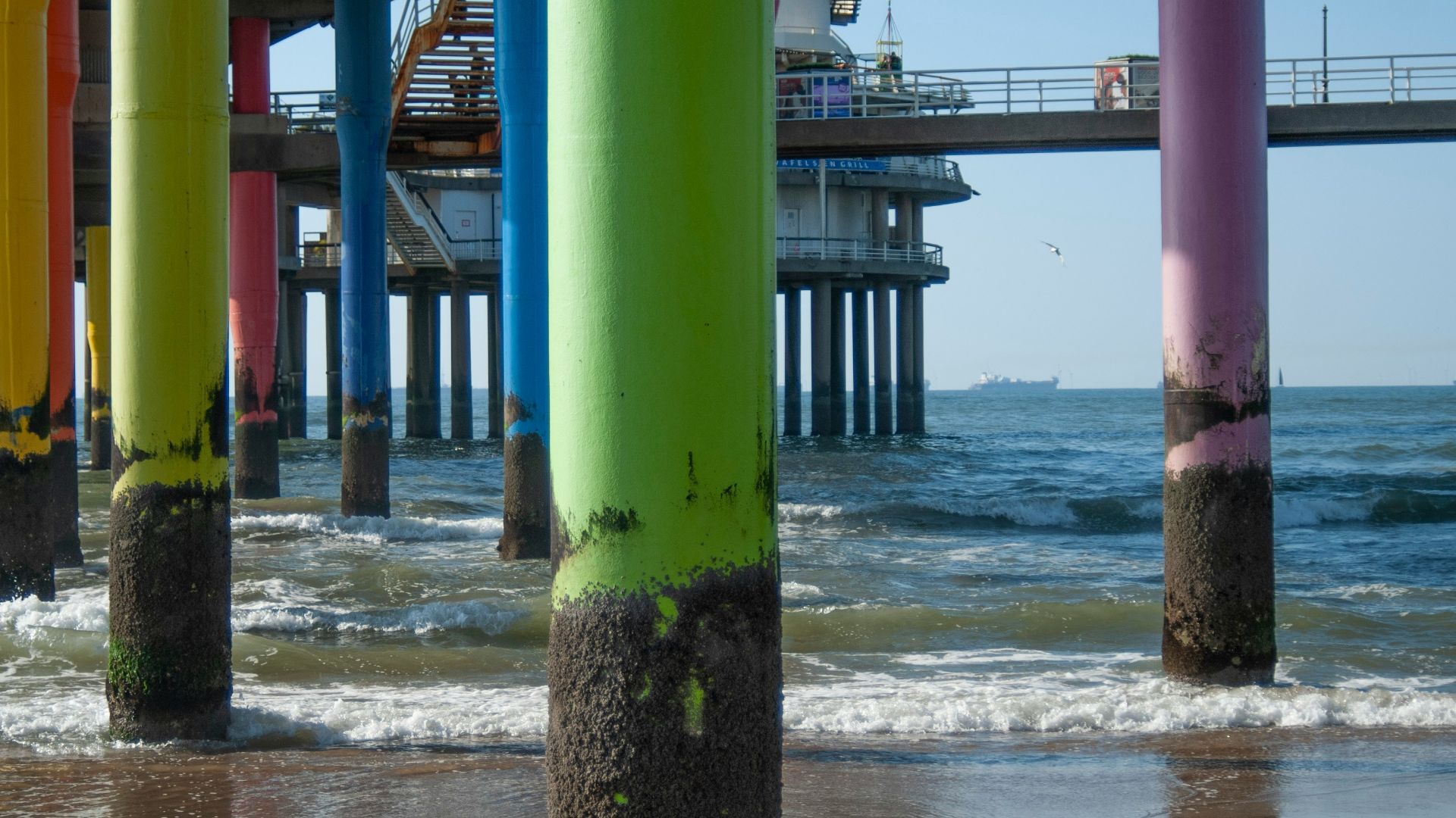 a pier that has a bunch of poles sticking out of it