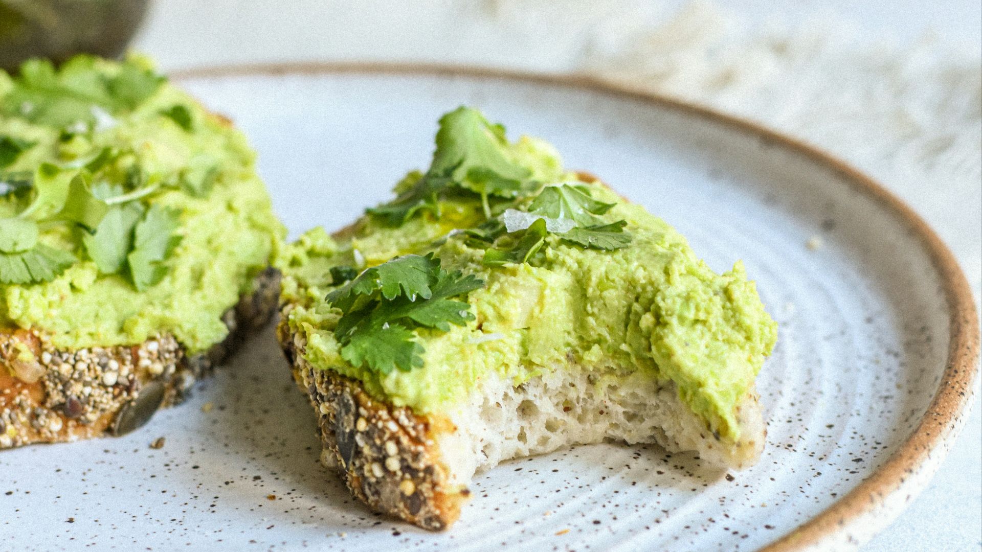 a white plate topped with a piece of bread covered in guacamole