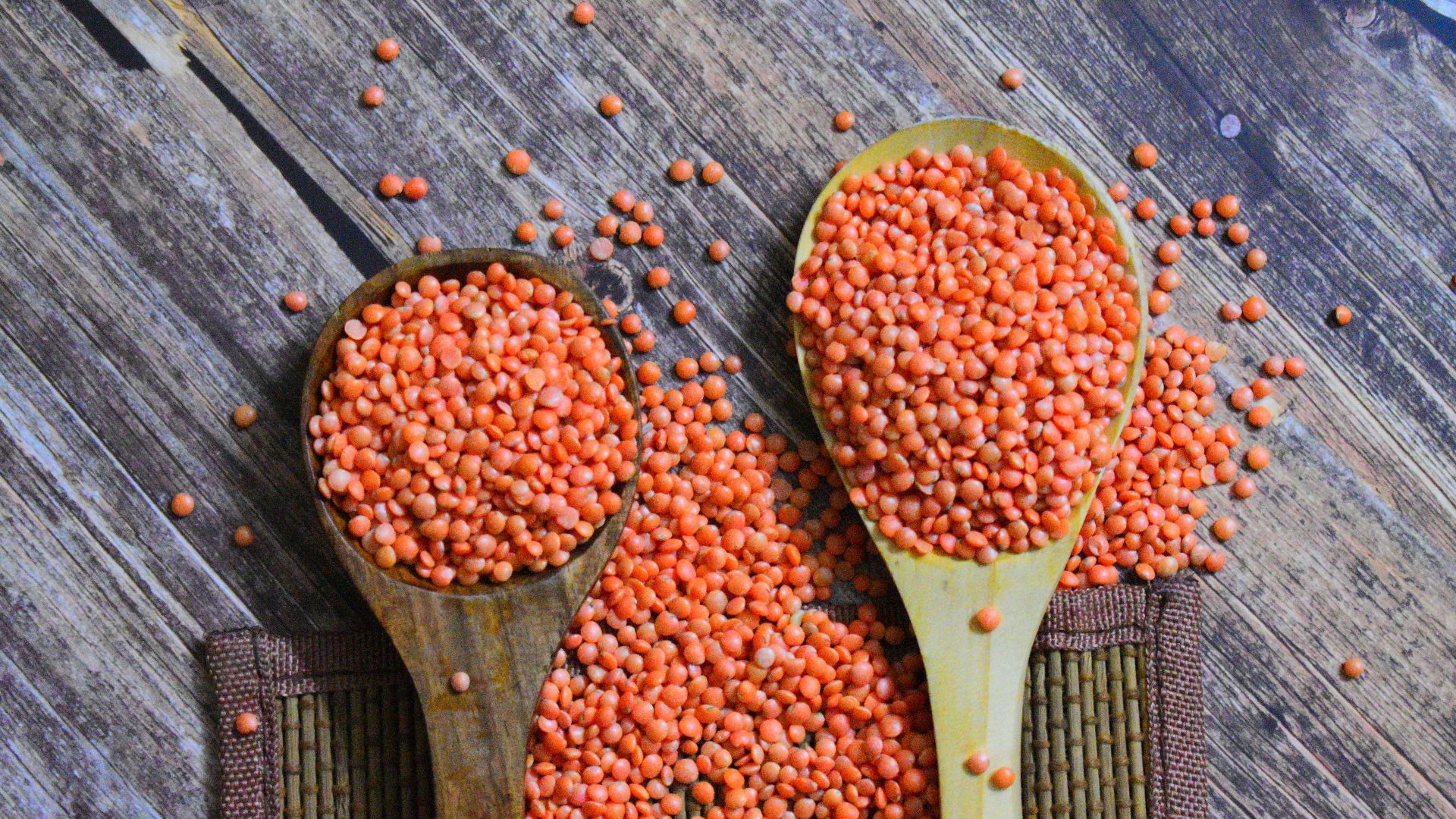 Two wooden spoons filled with red lentils