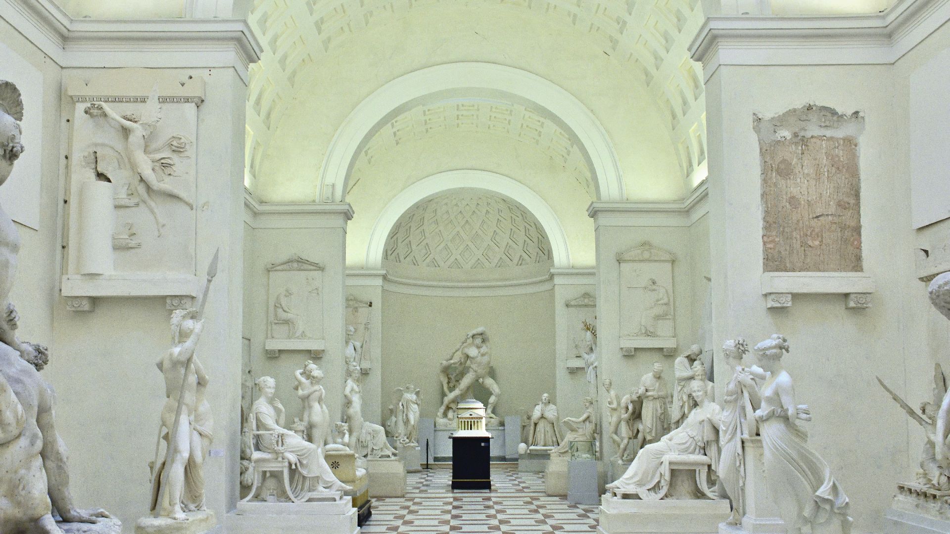 building interior with statue