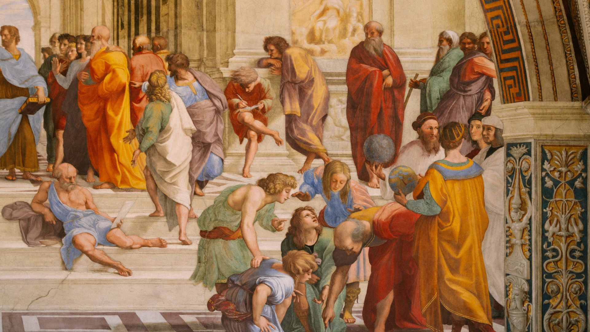 A painting of a group of people in a building