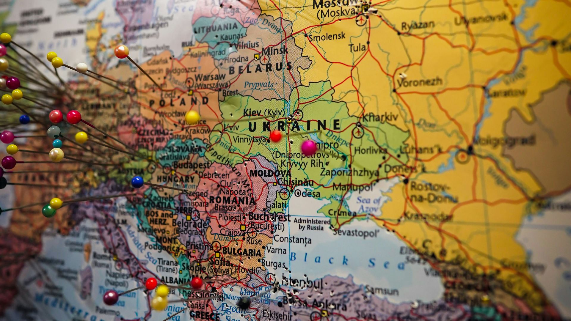 a map of europe with pins on it