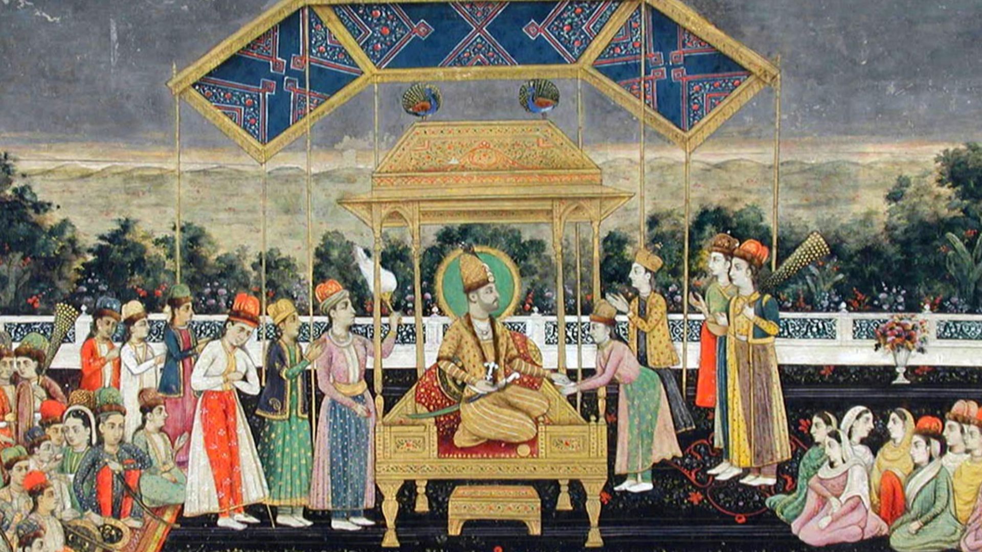 File:Nadir Shah on the Peacock Throne after his defeat of Muhammad Shah. ca. 1850, San Diego MOA.jpg
