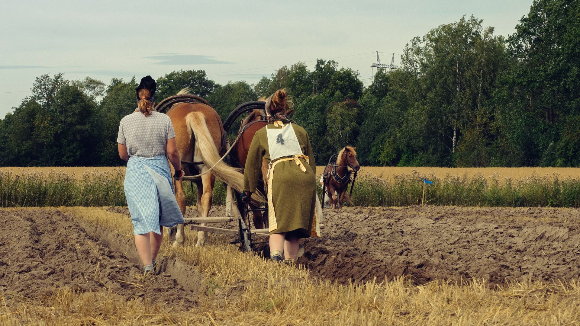 two women in green field surrounded with tall and green trees under blue and white skies during daytime