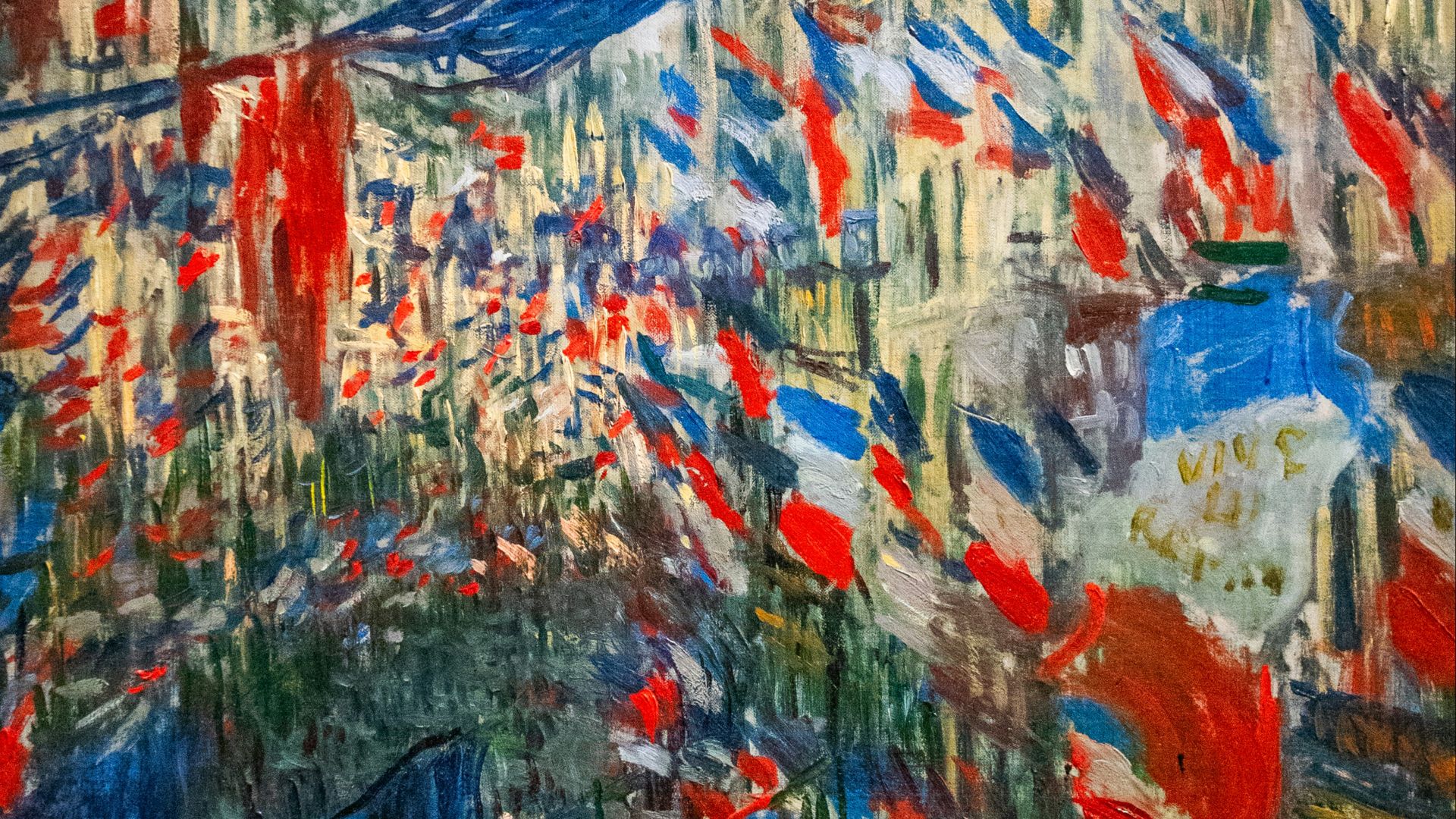 A painting of a city filled with lots of flags