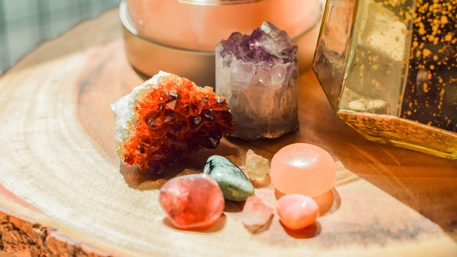 a wooden table topped with different types of rocks