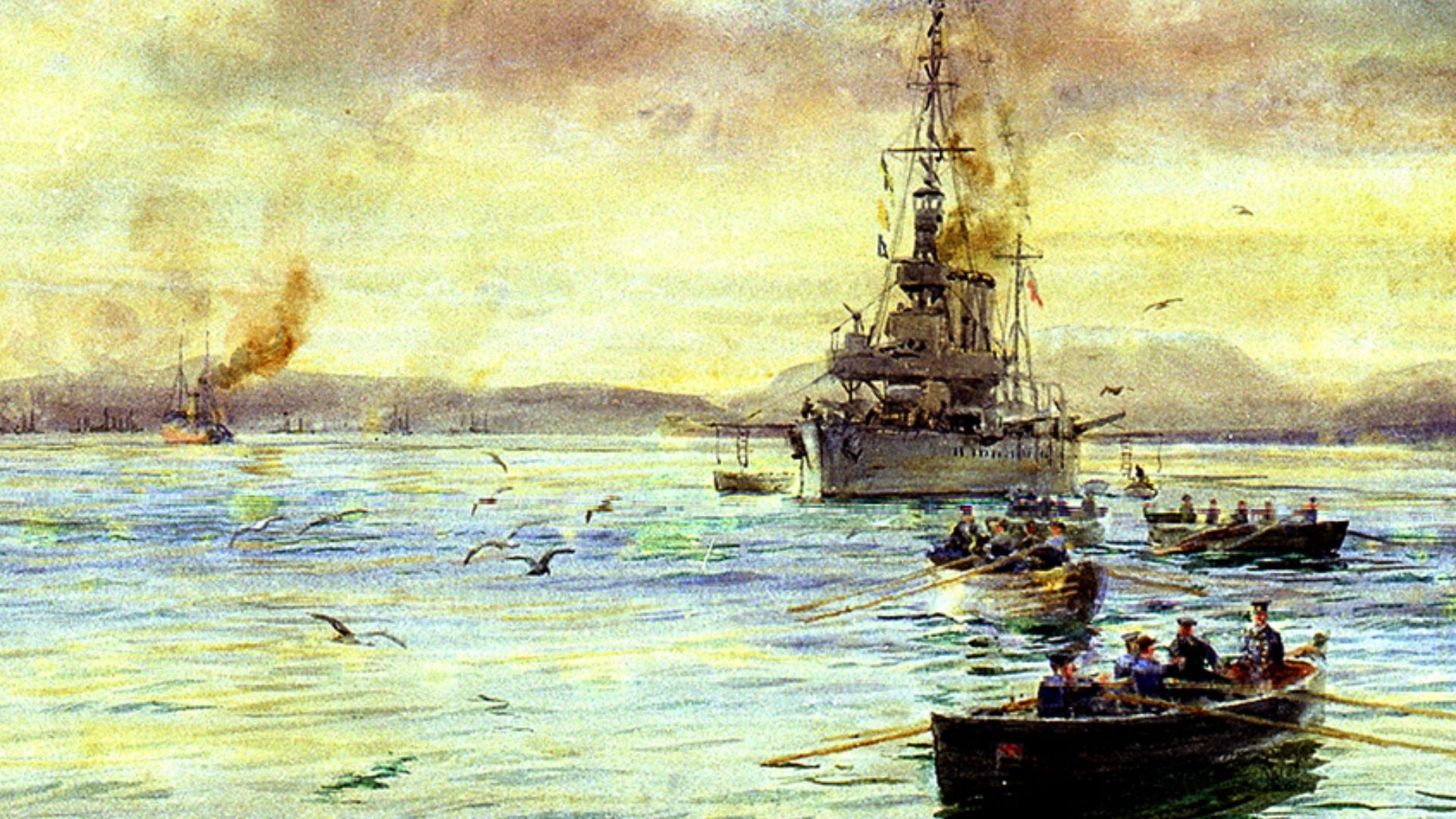 File:'A Light Cruiser off Scapa Pier' RMG PW1757.jpg