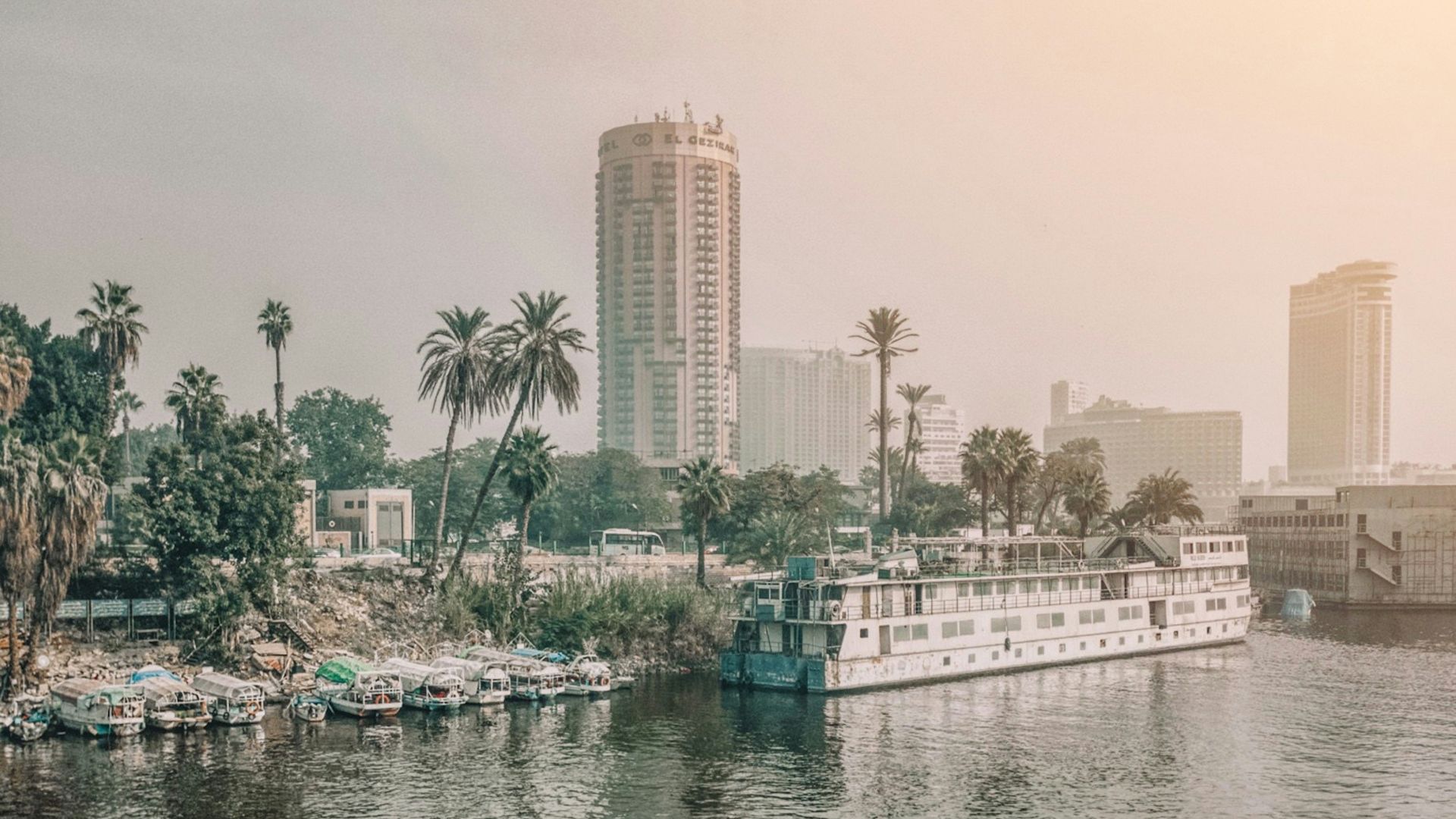 a large body of water surrounded by palm trees