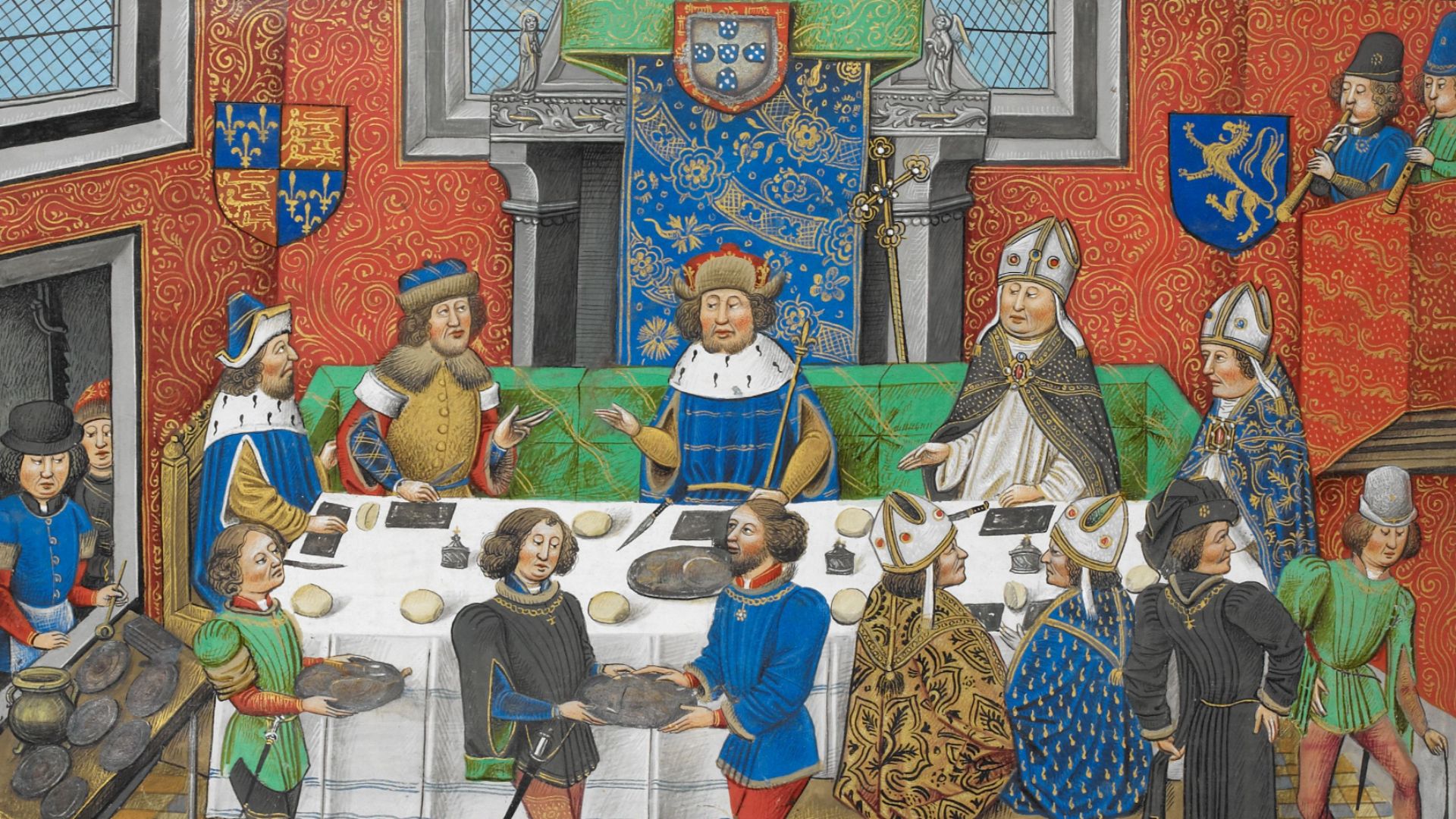 File:John of Gaunt, Duke of Lancaster dining with the King of Portugal - Chronique d' Angleterre (Volume III) (late 15th C), f.244v - BL Royal MS 14 E IV.png