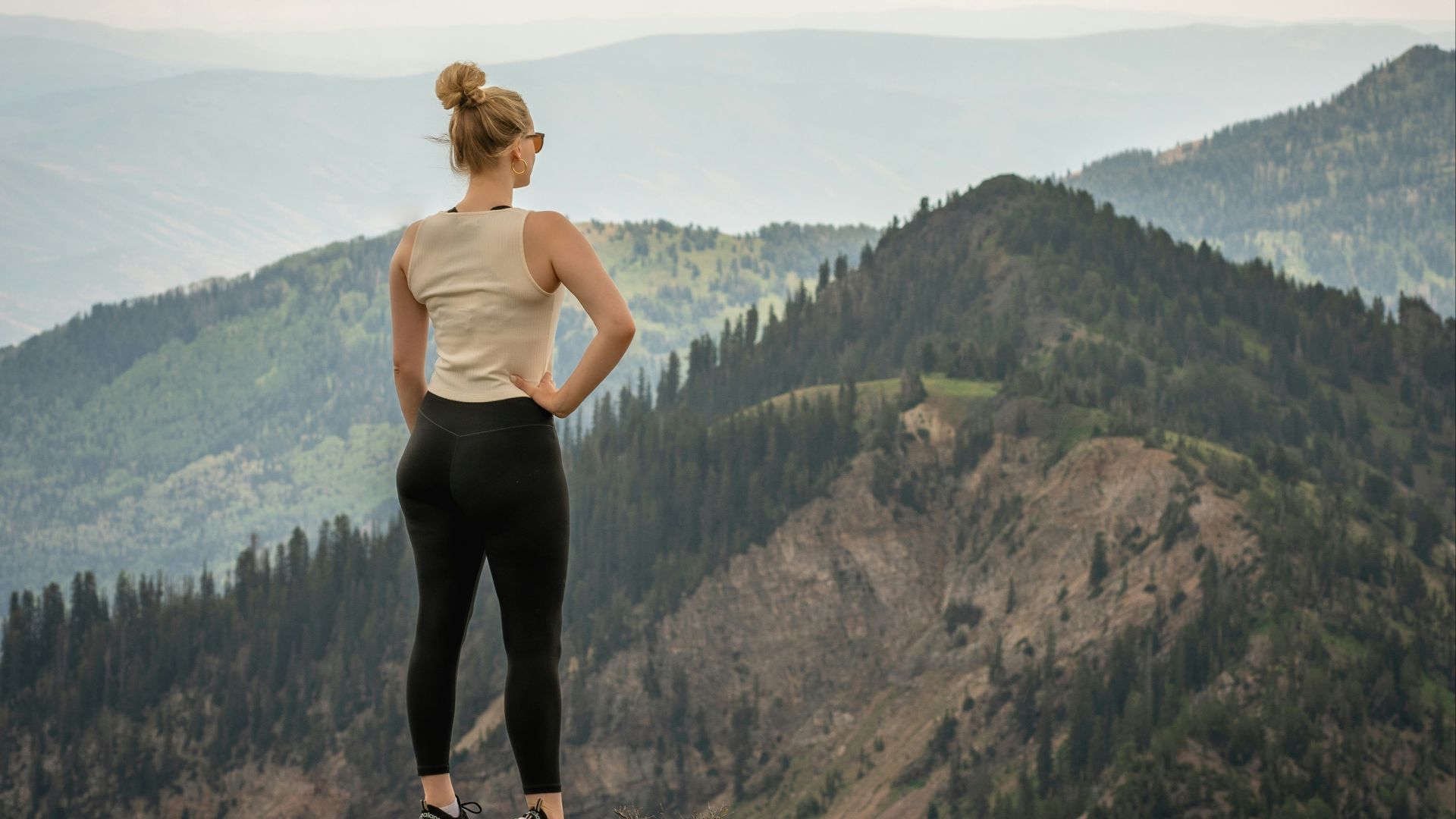 a man standing on a rock overlooking a valley with trees and mountains