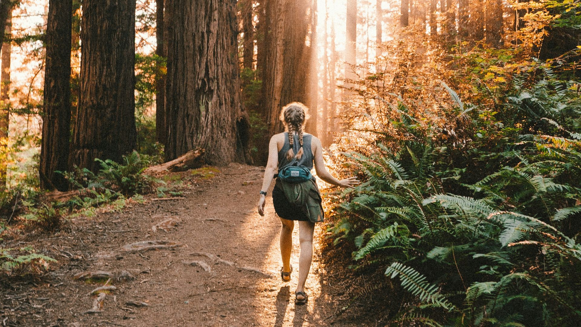 a woman walking down a path in the woods