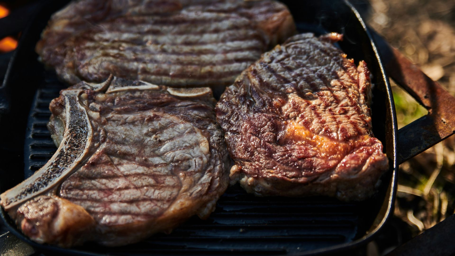 steaks are cooking on a grill in the woods